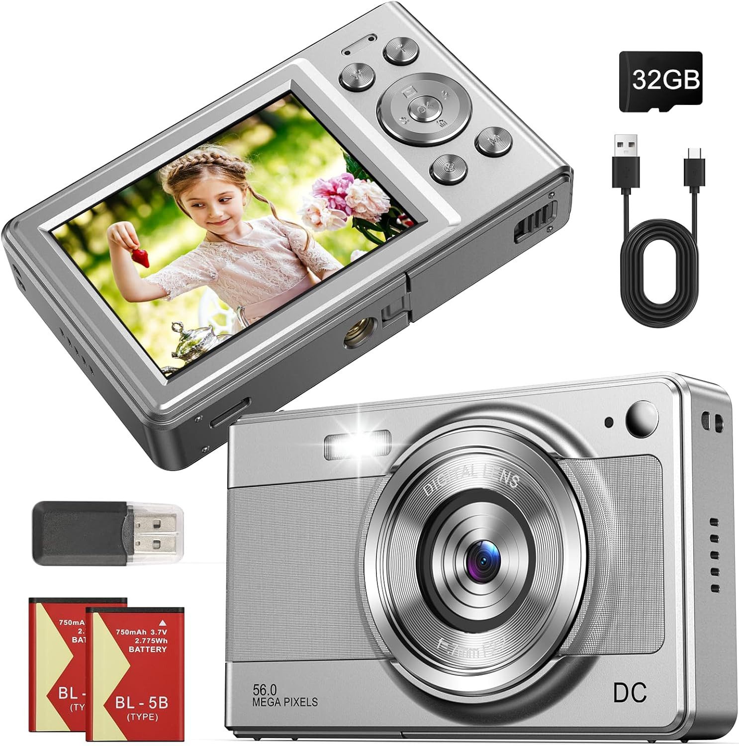Pdgrid 1080P FHD 56MP Digitalkamera Digital Kinder Kompaktkamera Tragbare Kinderkamera (18 MP, 20 Filter, 2×Batterien, 32 GB)