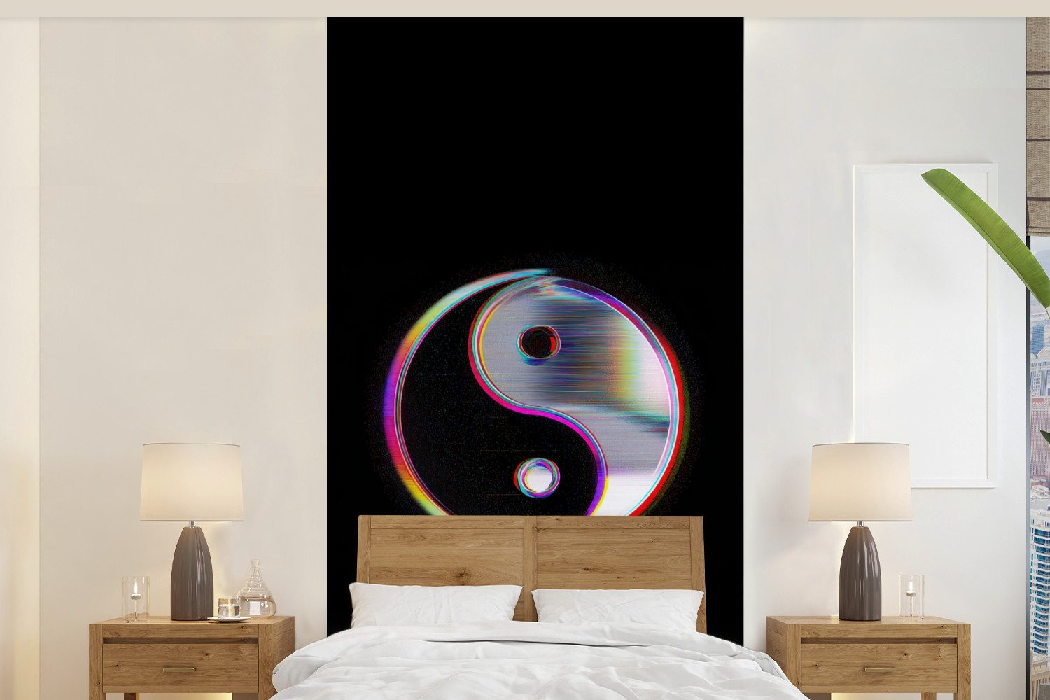 MuchoWow Fototapete Yin-Yang - Kreis - Regenbogen, Matt, bedruckt, Vliestapete für Wohnzimmer Schlafzimmer Küche, Fototapete, 120x240 cm