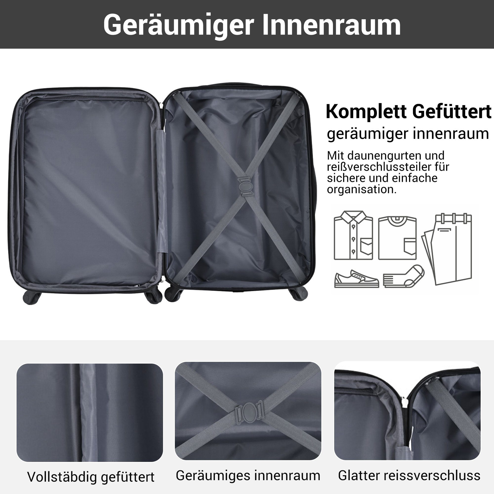 OKWISH Trolley Hartschalenkofferset 3-tlg, Reisekoffer, Rollkoffer, Rollen, 4 Hartschalen-Koffer, ABS-Material Handgepäck, Schwarz