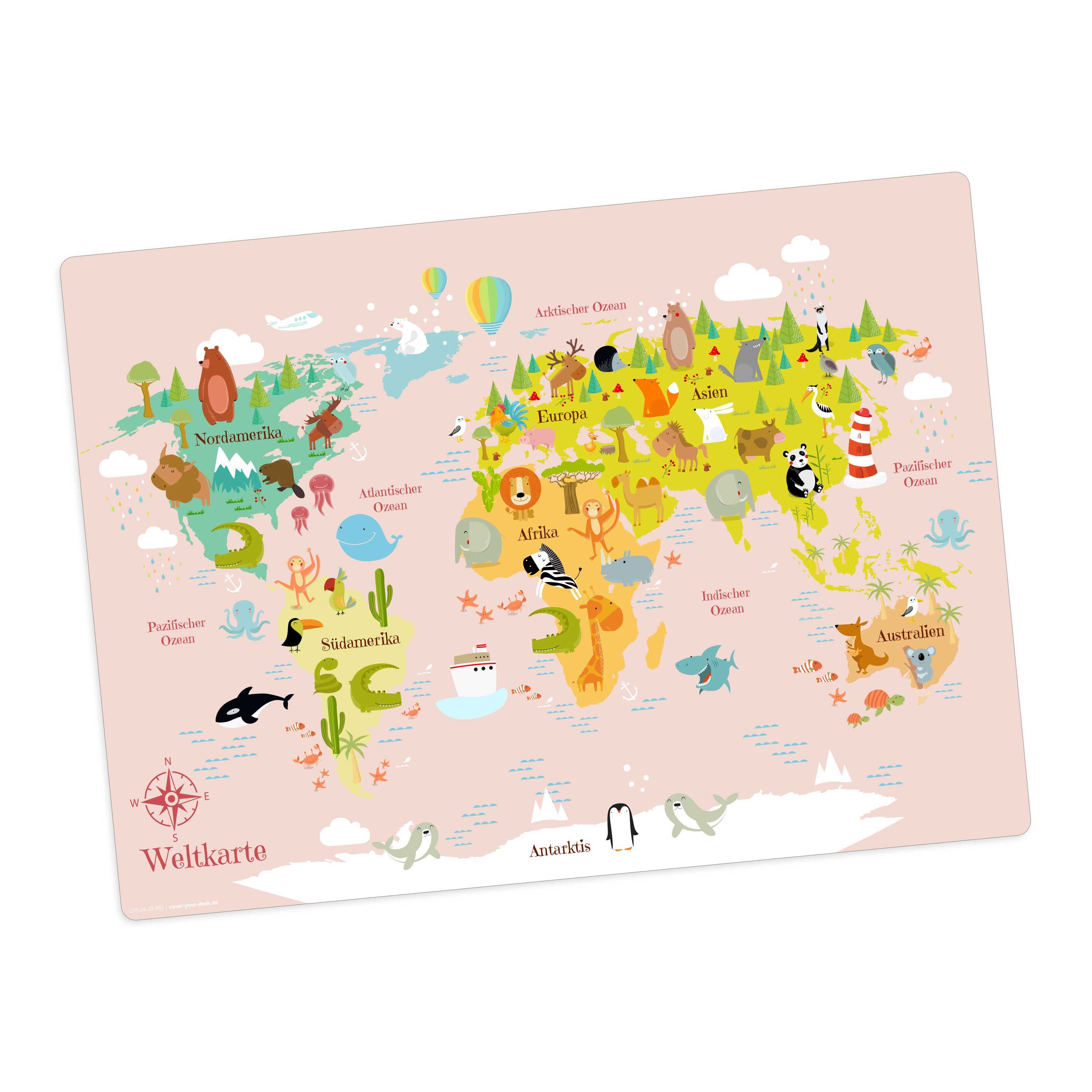 Tischsetmacher Platzset Tischset,  Platzset abwaschbar - Für Kinder - Weltkarte in rosa, (aus erstklassigem Vinyl (Kunststoff - BPA-frei), 1-St., 44 x 32 cm - rutschfeste Tischdekoration), Made in Germany