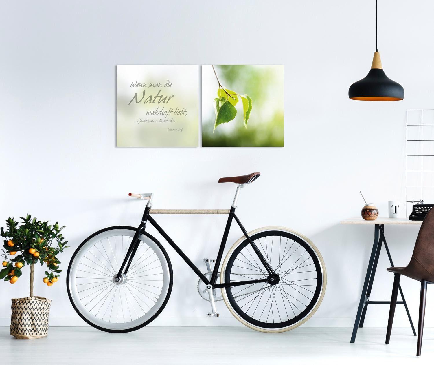 queence Leinwandbild Natur, Blätter, Blätterbilder, Kunst, Modern, Schriftzug, Schriftzüge, Spa, Spa Bilder, Sprüche, Sprüche & Texte (Set), Premium-Leinwandstoff, Handarbeit aus Deutschland, Zitat, 2er Set