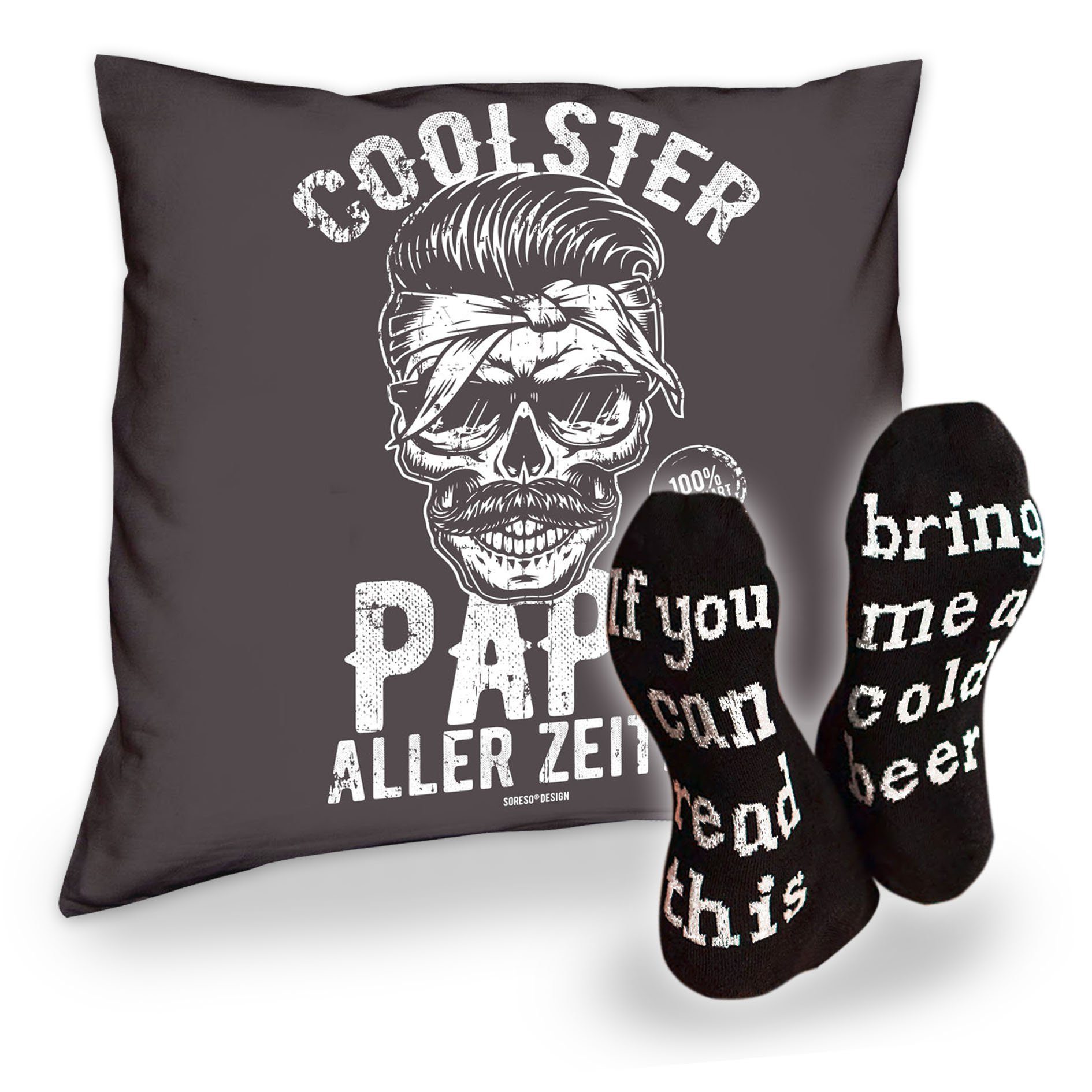 Vatertag Geschenk Spruch, Coolster Papa aller Weihnachten Soreso® Kissen Zeiten Bier mit Socken Dekokissen anthrazit Geburstag und