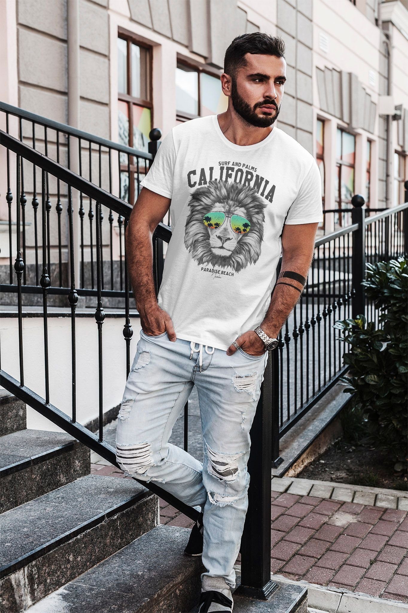 Neverless Print-Shirt Herren T-Shirt Löwe Bär Sonnenbrille Palmen Summer California Slim mit Print