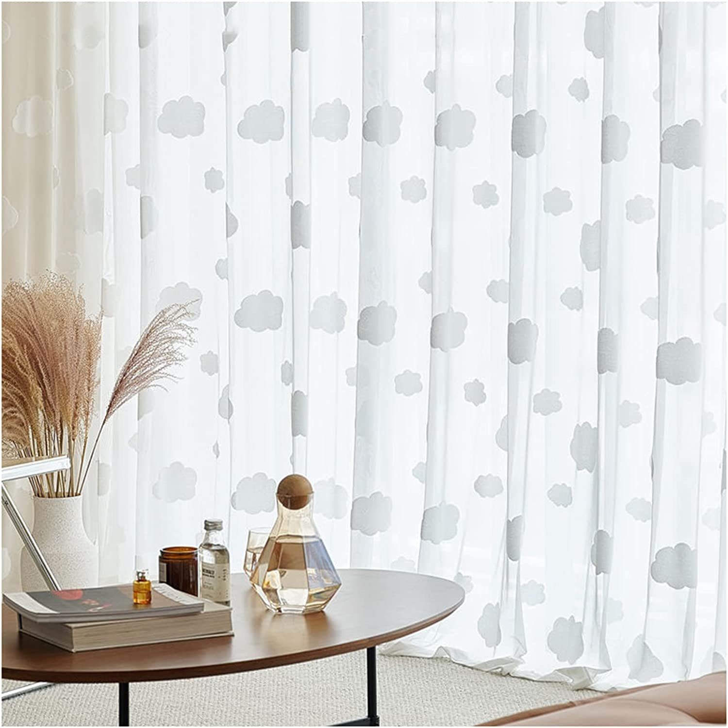 Jacquard Voile-Vorhang Gardine, HOMEIDEAS, (2 transparent, St), Ösen Wolken Weiß