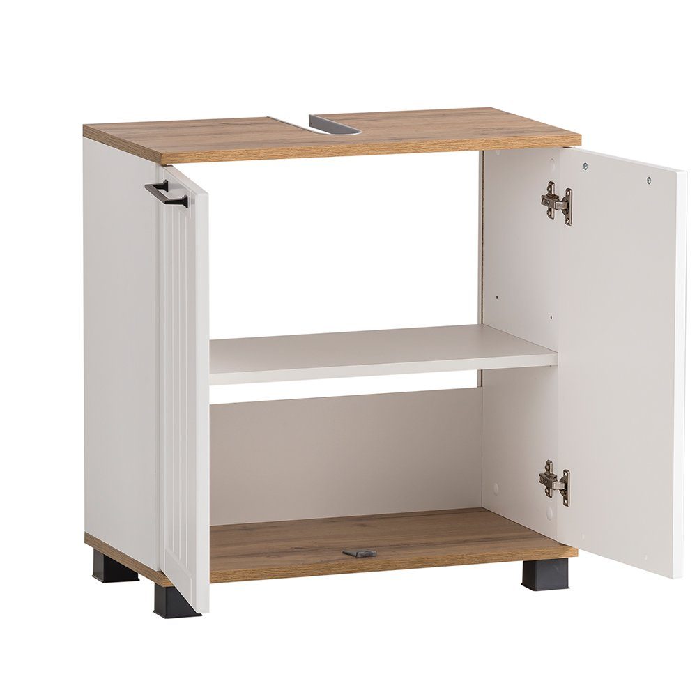 Lomadox Waschbeckenschrank JAUSA-80 Badmöbel im Landhaus-Stil, matt weiß mit Eiche Nb., 59,8/62,4/32,6 cm