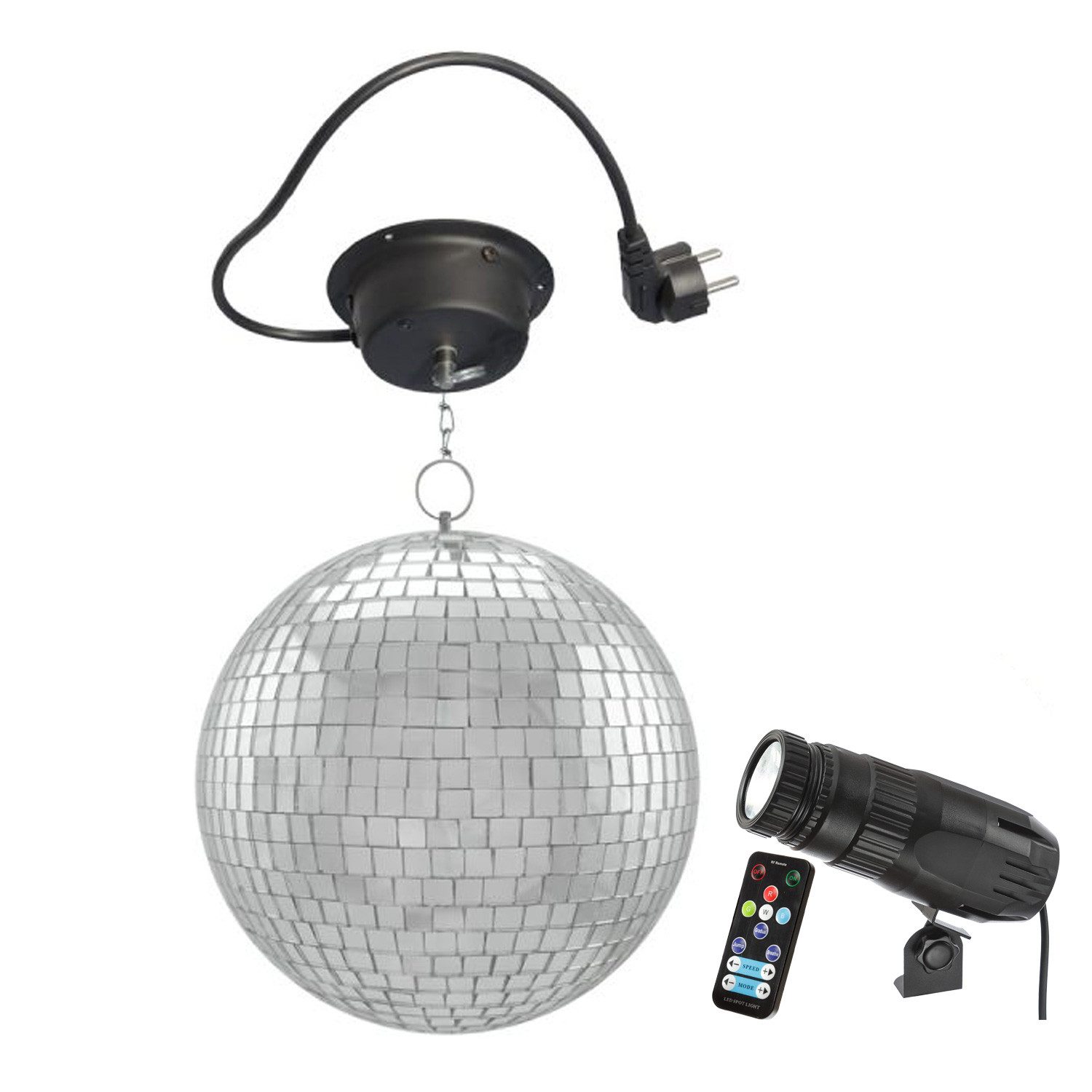 SATISFIRE Discolicht Spiegelkugel Komplettset 20cm mit MotorLED Farbwechsel Pinspot (RGB)