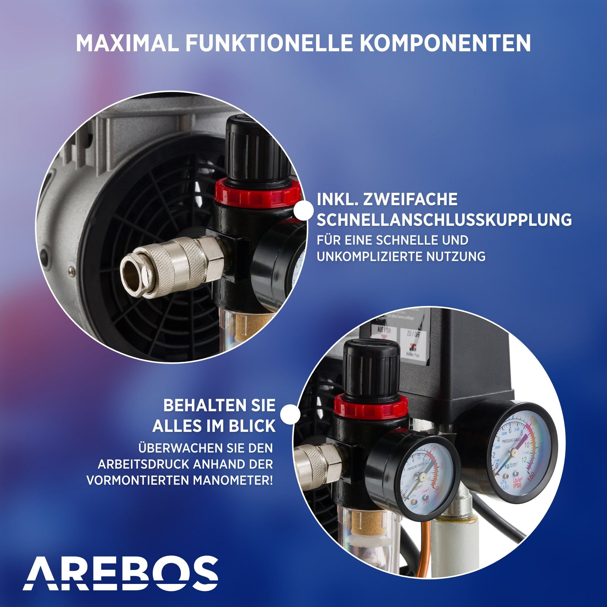 Arebos Kompressor Flüsterkompressor, Druckluft Kompressor, 800 W, max. 8,00  bar, 24,00 l, Set