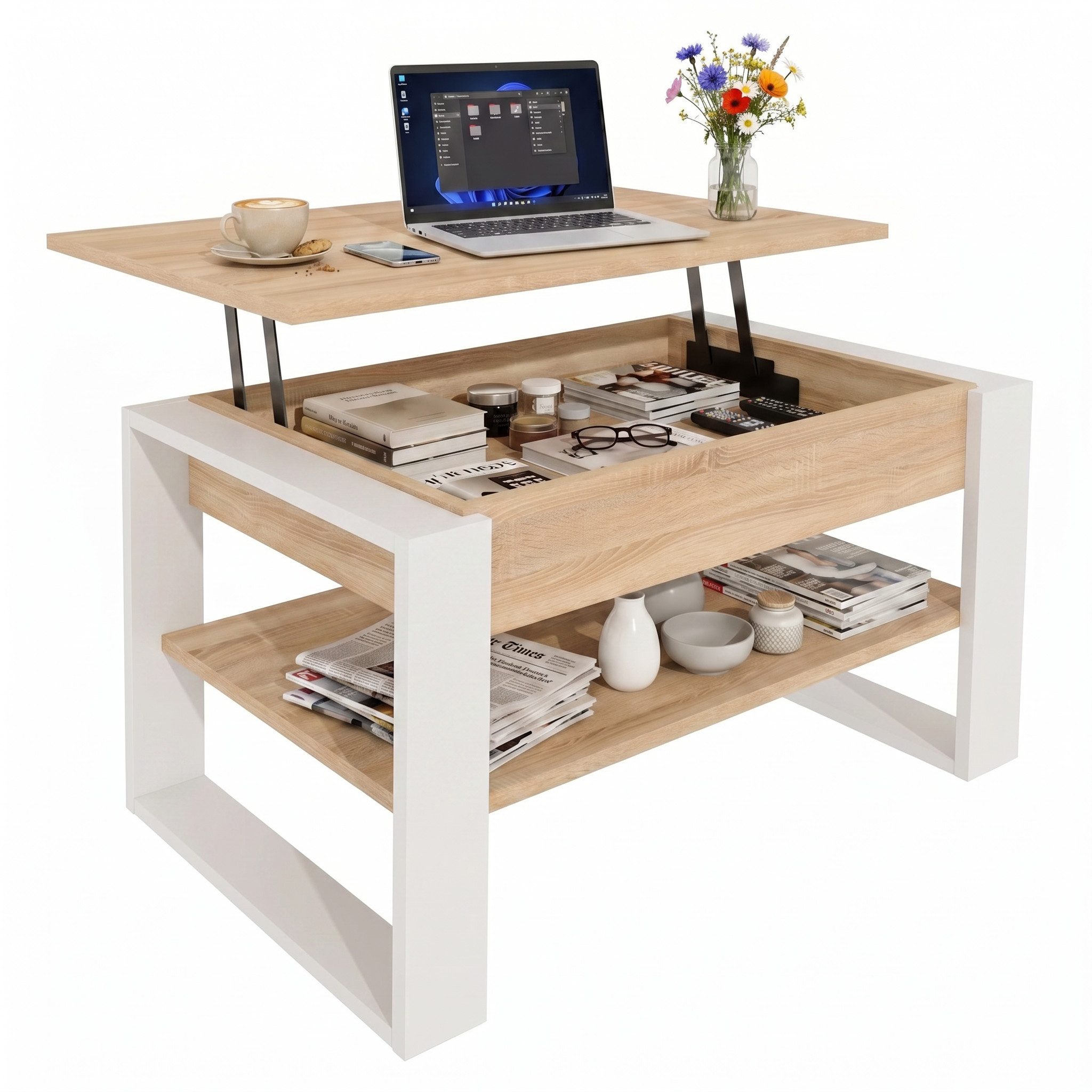 TREND WERK Couchtisch Lift-Couchtisch höhenverstellbar Sofatisch 92×55 cm mit Stauraum (verstecktem Fach Wohnzimmertisch Holz modern)