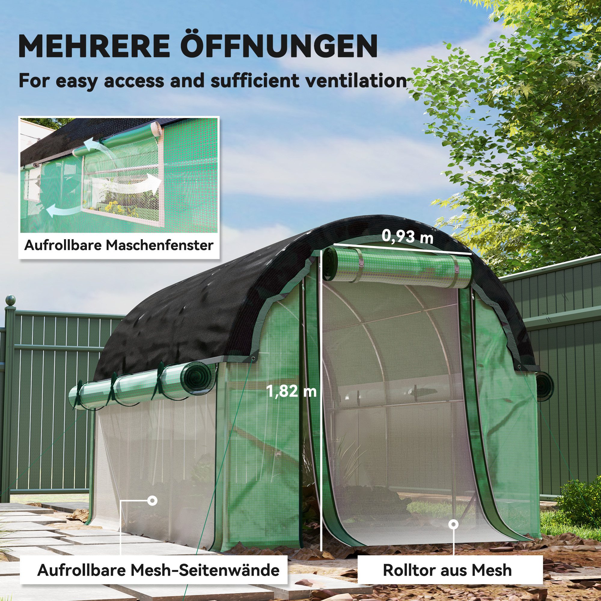 Outsunny Foliengewächshaus Folientunnel mit 6 Fenster, Rolltüren, Winterfest, Tomatenhaus, BxTxH: 300 x 200 x 198 cm, BxLxH: 200 x 300 x 198 cm, 0.5 mm Wandstär – Bild 5 von 5