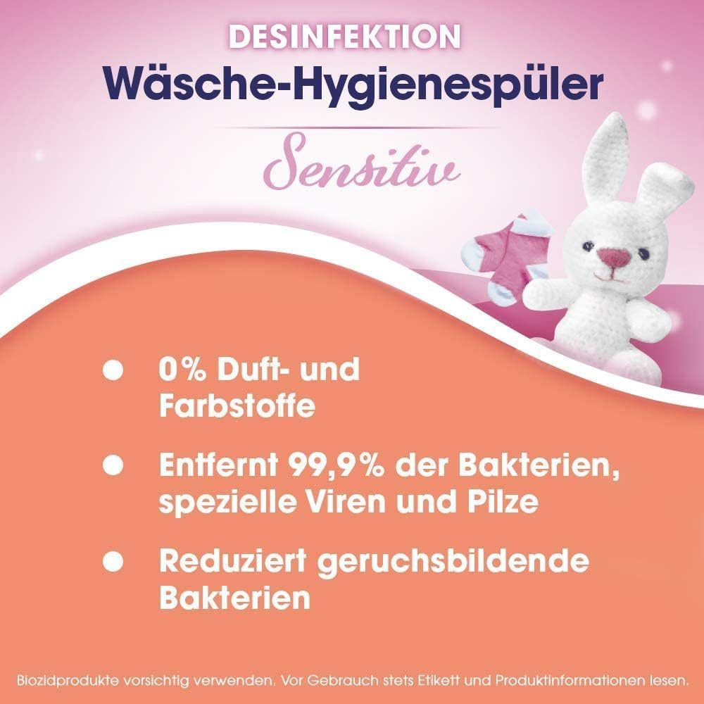 SAGROTAN Sensitiv 8 x 1,5l Wäsche Hygienespüler (Vorratspack, [8-St. Desinfektionsspüler für hygienisch saubere Wäsche - 0% Farb- & Duftstoffe)