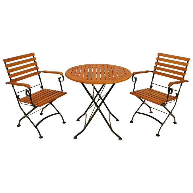 DEGAMO Garten-Essgruppe HOFGARTEN, (3-tlg), 2x Sessel, 1x Tisch rund 75cm, Stahl schwarz, Eukalyptus