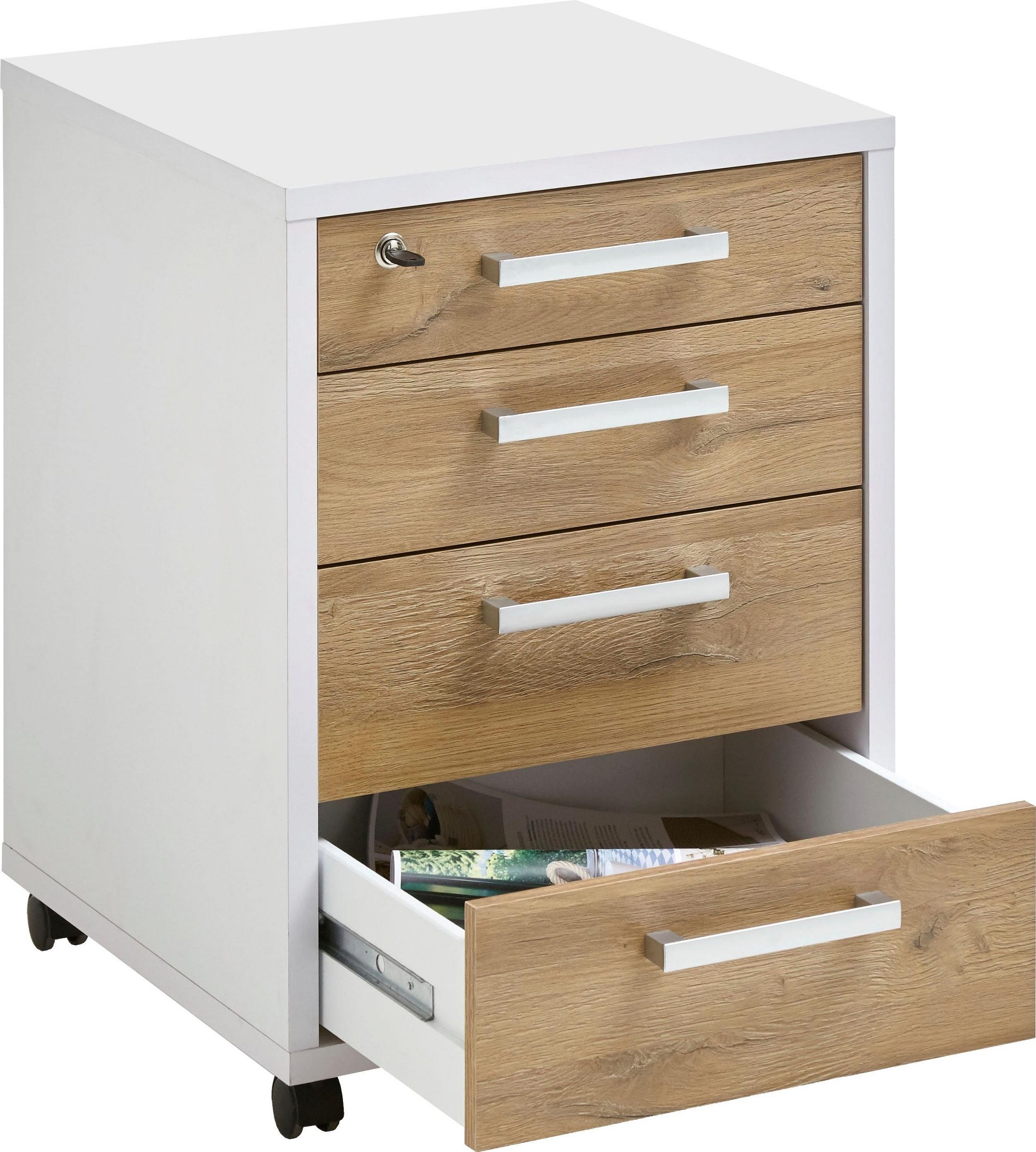 FMD Rollcontainer CALVI - Brilliant Weiß / Alteiche