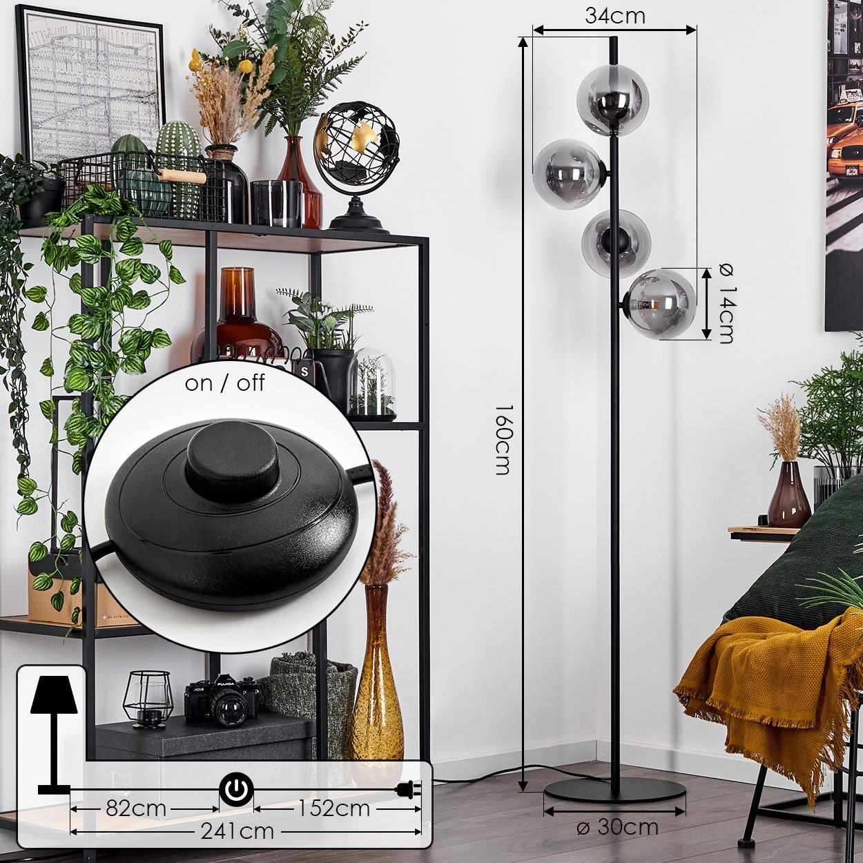 hofstein Stehlampe »Garaguso« moderne Stehlampe aus Metall/Glas in Schwarz/Rauchfarben, ohne Leuchtmittel, Bodenlampe mit Fußschalter, G9