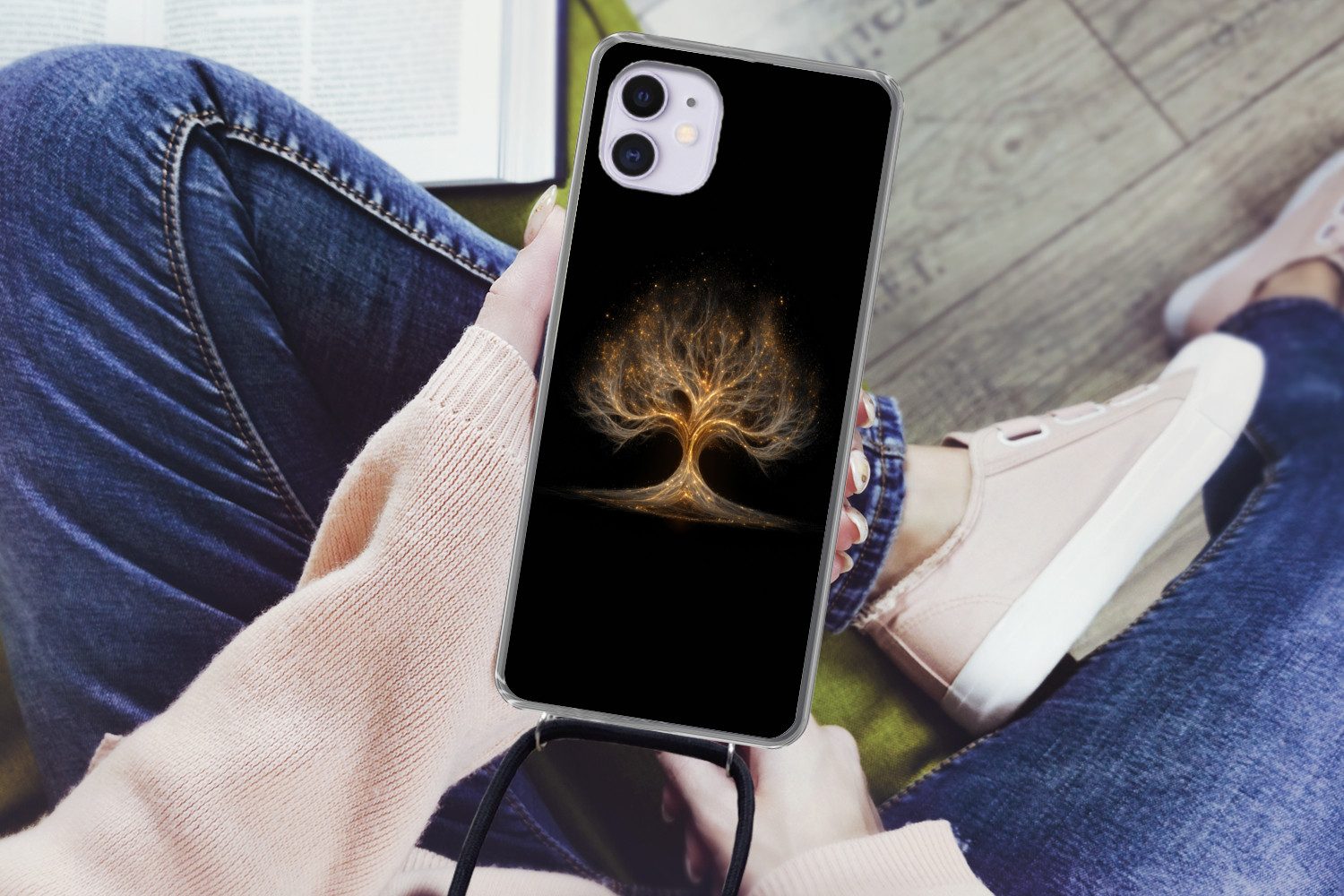 MuchoWow Handyhülle für Apple iPhone 12 Lichter - Baum - Abstrakt - Schwarz, Tragbare Handyhüllen mit Kette zum umhängen, Handykette Handyband