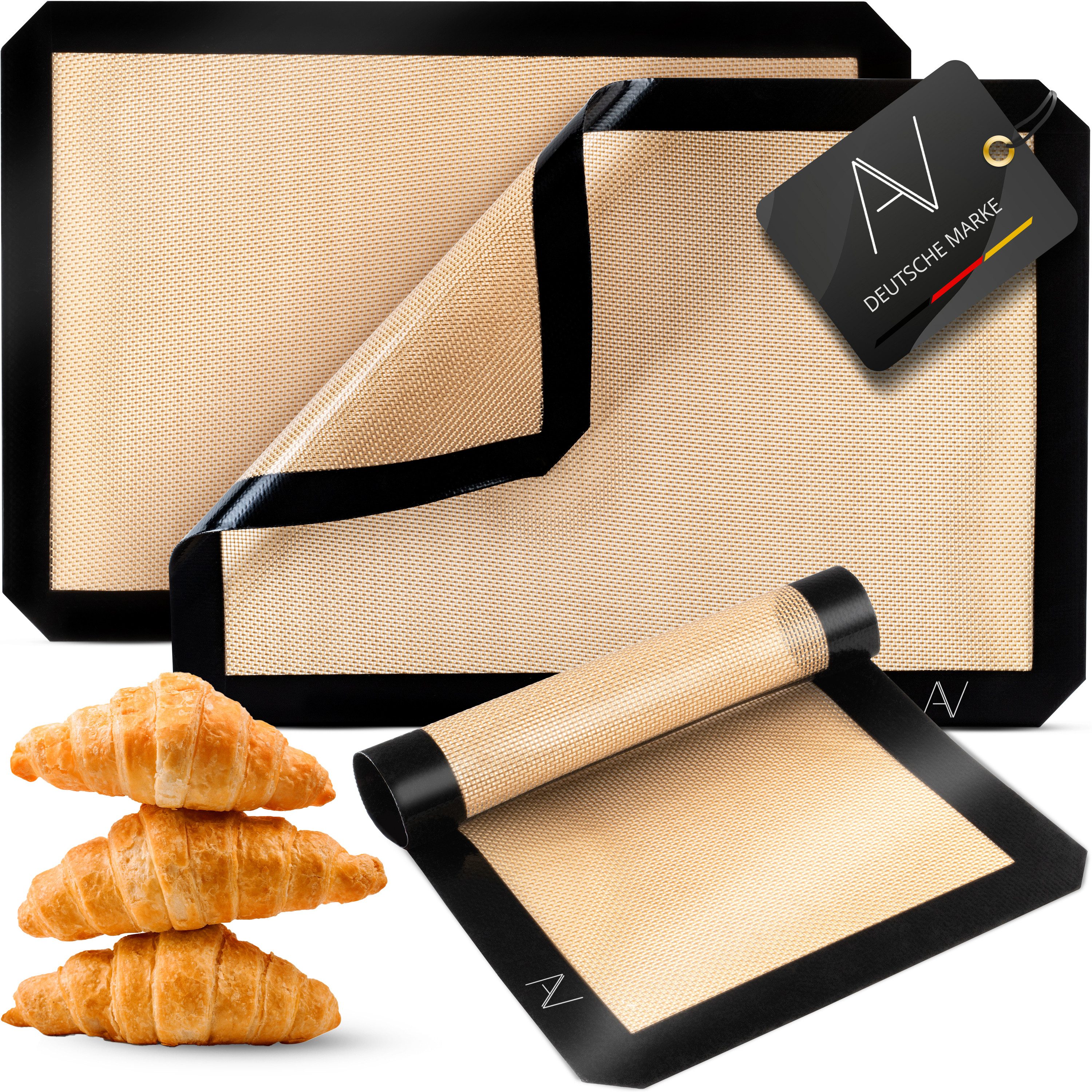 AVANA Backmatte aus Silikon Wiederverwendbare Backfolie Teigmatte Backunterlage, Silikon (3er Set), antihaftbeschichtet, rutschfest, hitzebeständig