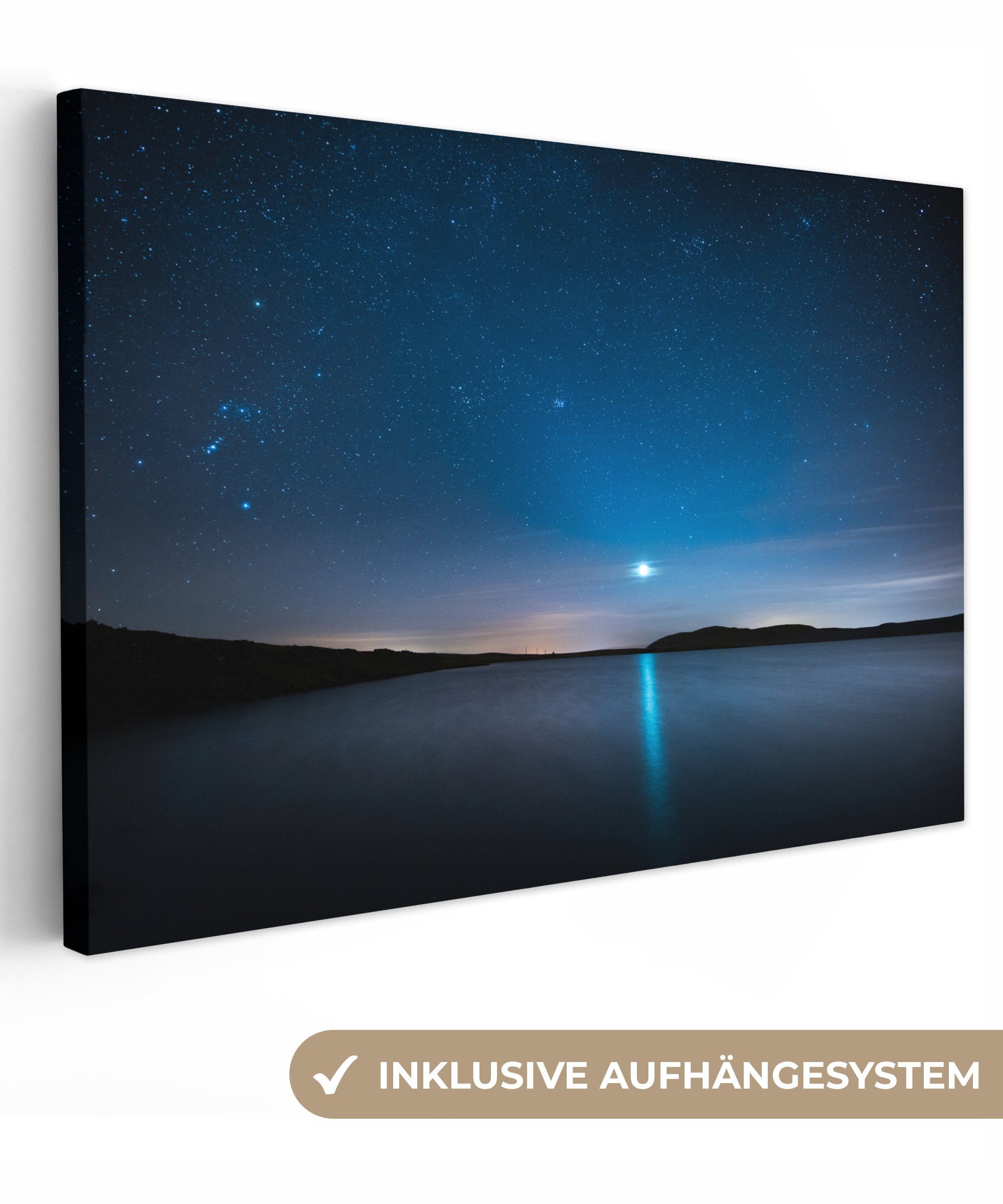 OneMillionCanvasses® Leinwandbild Sternenhimmel - Wasser - Mond, (1 St), Wandbild Leinwandbilder, Aufhängefertig, Wanddeko, 30x20 cm