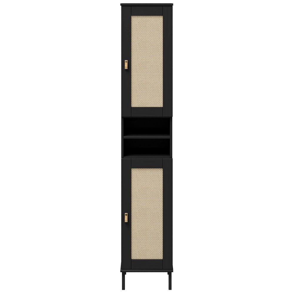 Lomadox Badregal WATFORD-69, Kiefer massiv schwarz, 190cm hoch, Rattaneinsatz, Boho-Chic