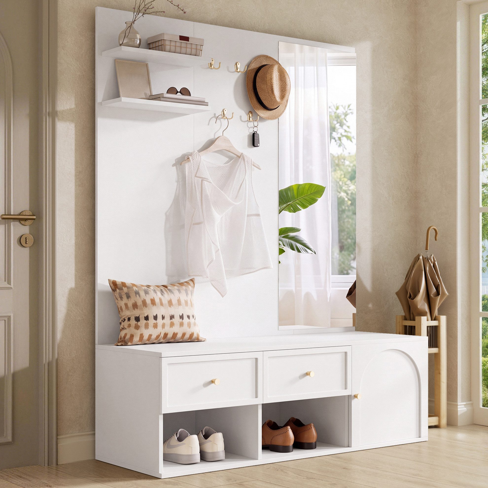 MODFU Garderobenschrank Garderoben-Set, Garderobenpaneel mit Spiegel und Sitzfläche (Garderobenständer, Wandgarderobe mit Schubladen, Ablagefach und Haken, Schuhaufbewahrung, Kompaktgarderobe 120×35×159 cm)