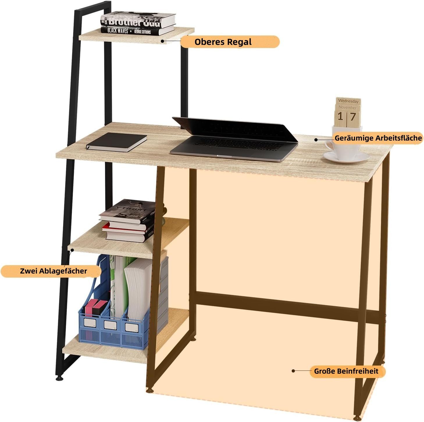 Holzwerkstoff Metall 3 Stauraum Schwarz | Schreibtisch aus eiche | EUGAD Hell mit Helleiche (1-St), Regalen,