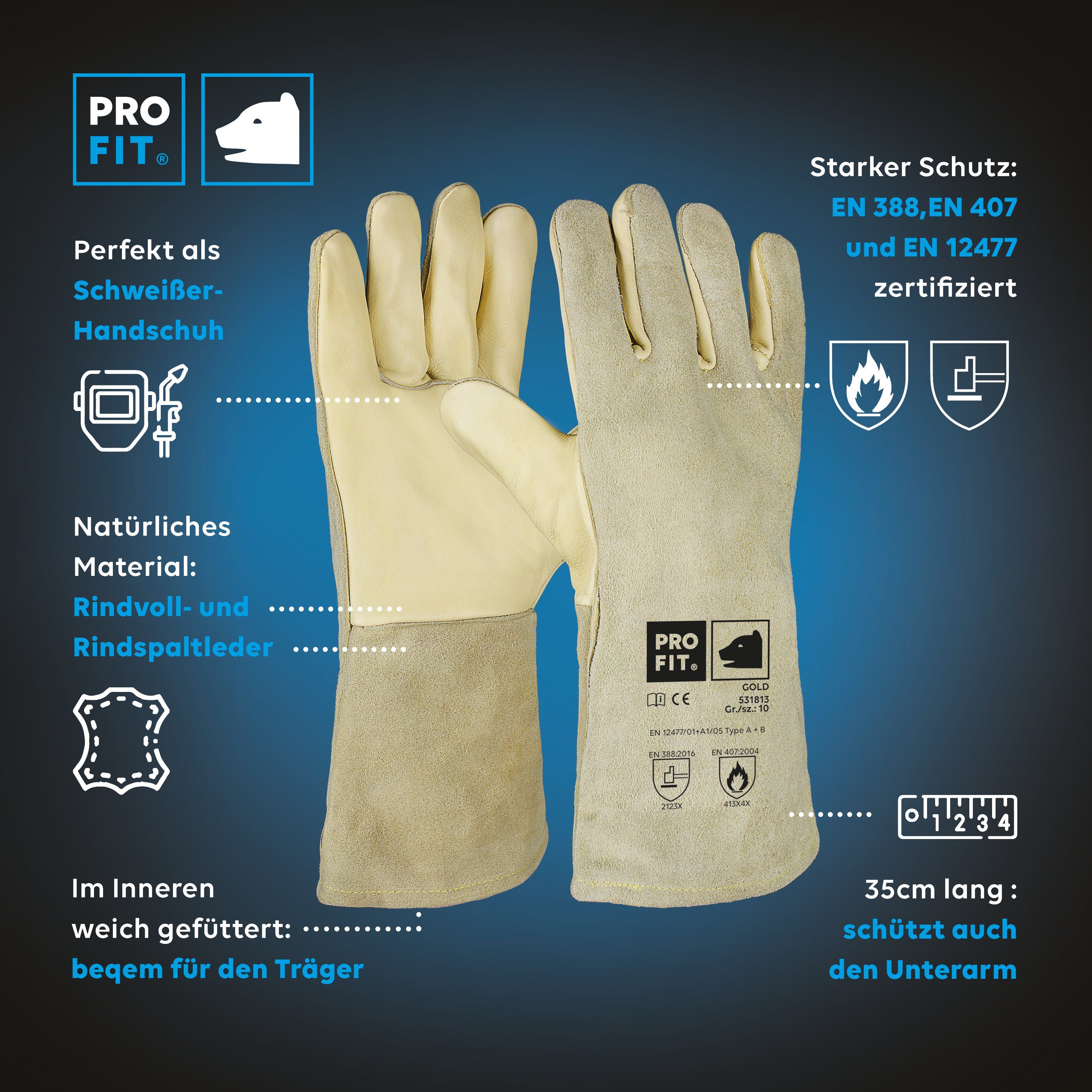 PRO FIT Schweißerhandschuhe Kombi Rindleder-Schweißerhandschuh, Gold, (1, Paar)
