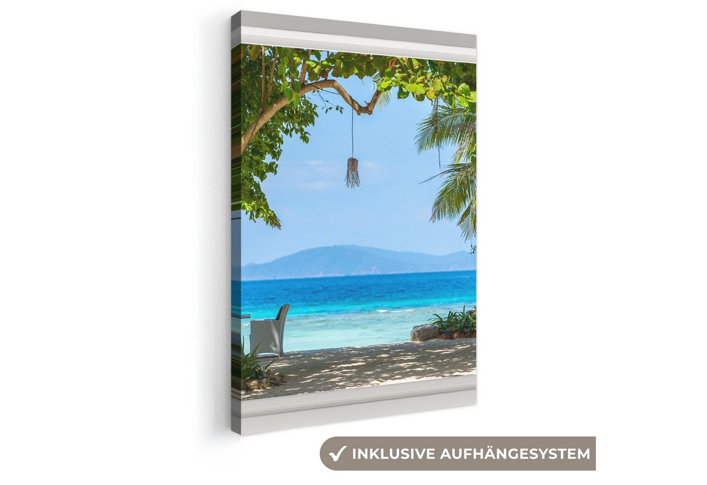 OneMillionCanvasses® Leinwandbild Aussicht - Baum - Meer - Palme - Hügel - Strand - Blau, Fotodruck (1 St), Leinwand Canvas Wandbild, Wanddekoration 20x30 cm