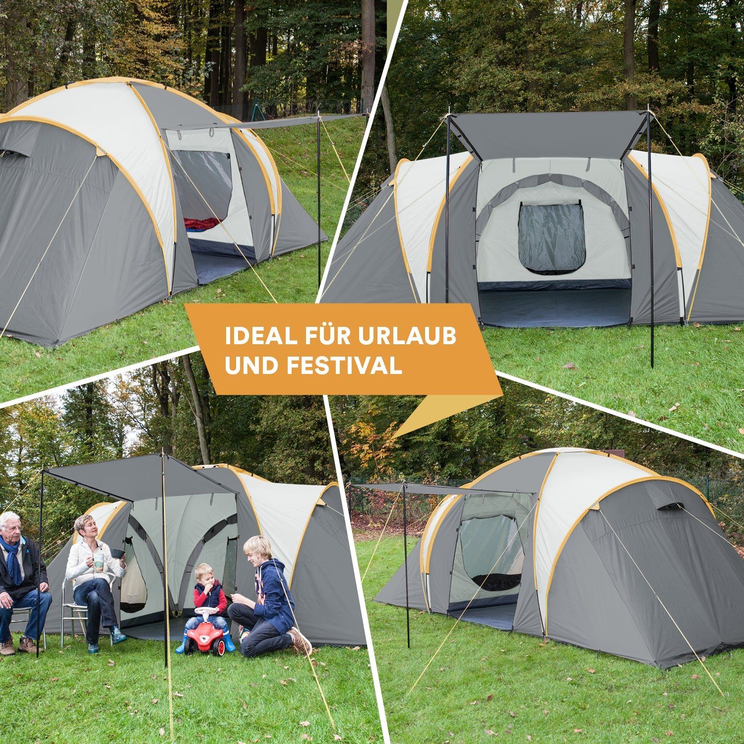 Skandika Kuppelzelt Daytona 6 Familienzelt mit 3 Schlafkabinen, Personen: 6, 3000 mm Wassersäule, 195 cm Stehhöhe, Moskitonetze, Sonnensegel