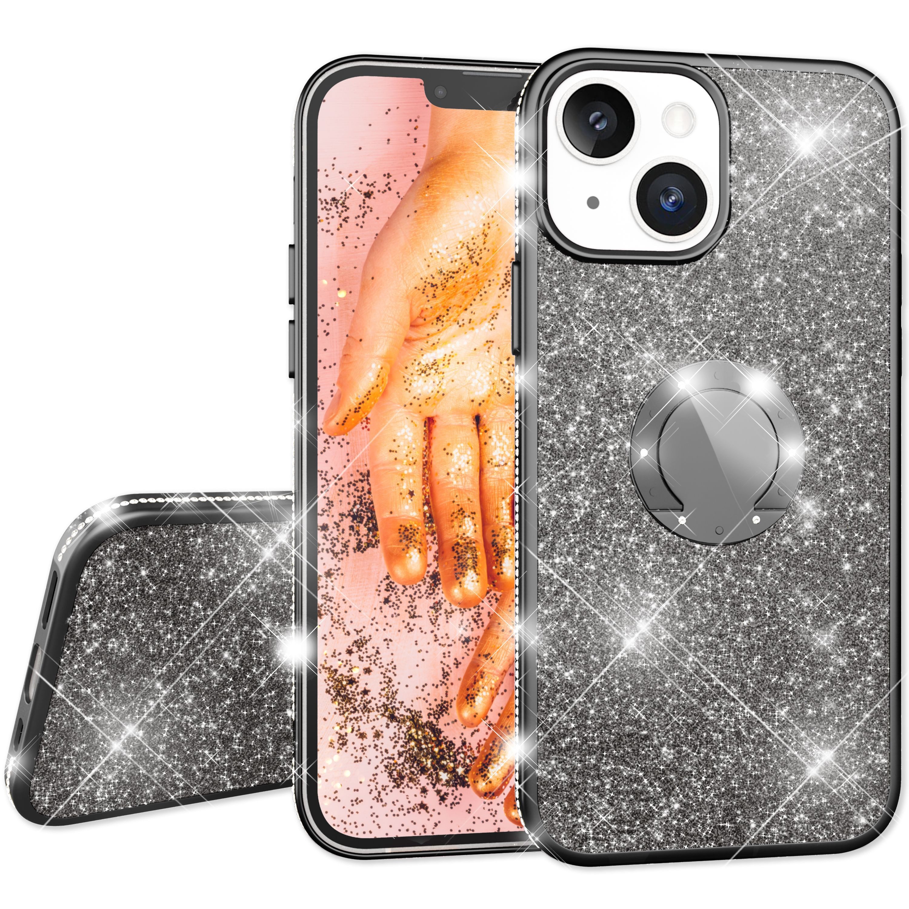 Nalia Smartphone-Hülle Apple iPhone 13 15,5 cm (6,1 Zoll), Glitzer Ring Silikon Hülle / 360 Grad Finger-Halter / Standfunktion