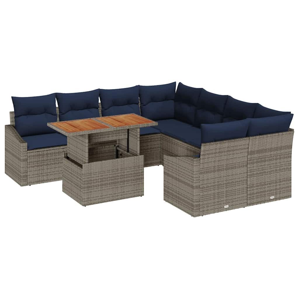 vidaXL Gartenlounge-Set Garten-Sofa-Set mit Speicher 9 pcs Grau Poly Rattan, (9-tlg)