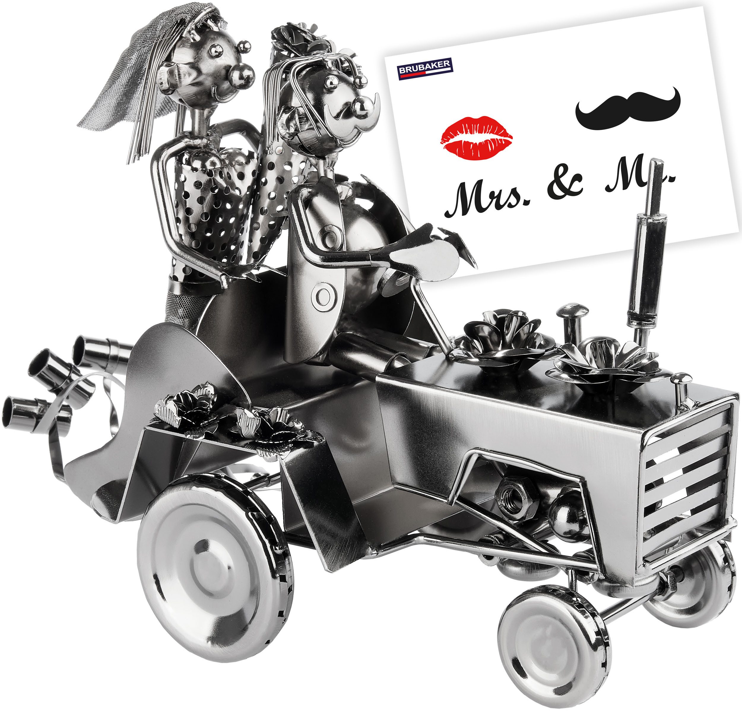 BRUBAKER Dekofigur Hochzeitspaar auf Traktor - Metall Skulptur Trecker (1 St., Schraubenmännchen mit Geschenkkarte), mit Blumen und Blechdosen - Wein Geschenk zur Hochzeit