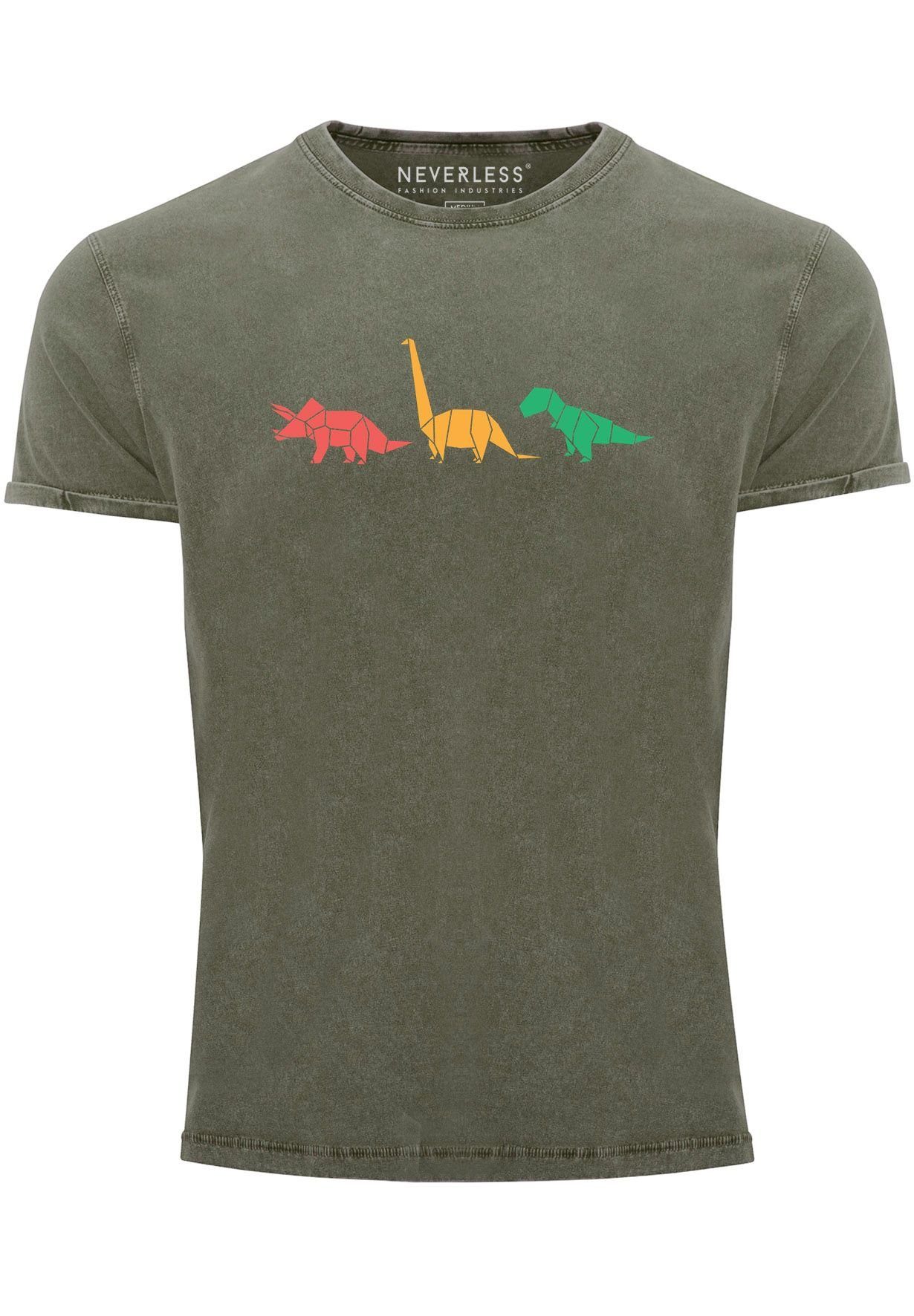 Neverless Print-Shirt Shirt oliv Vintage mit Prin Tiere Polygon Print Dinosaurier Aufdruck Herren Geometric