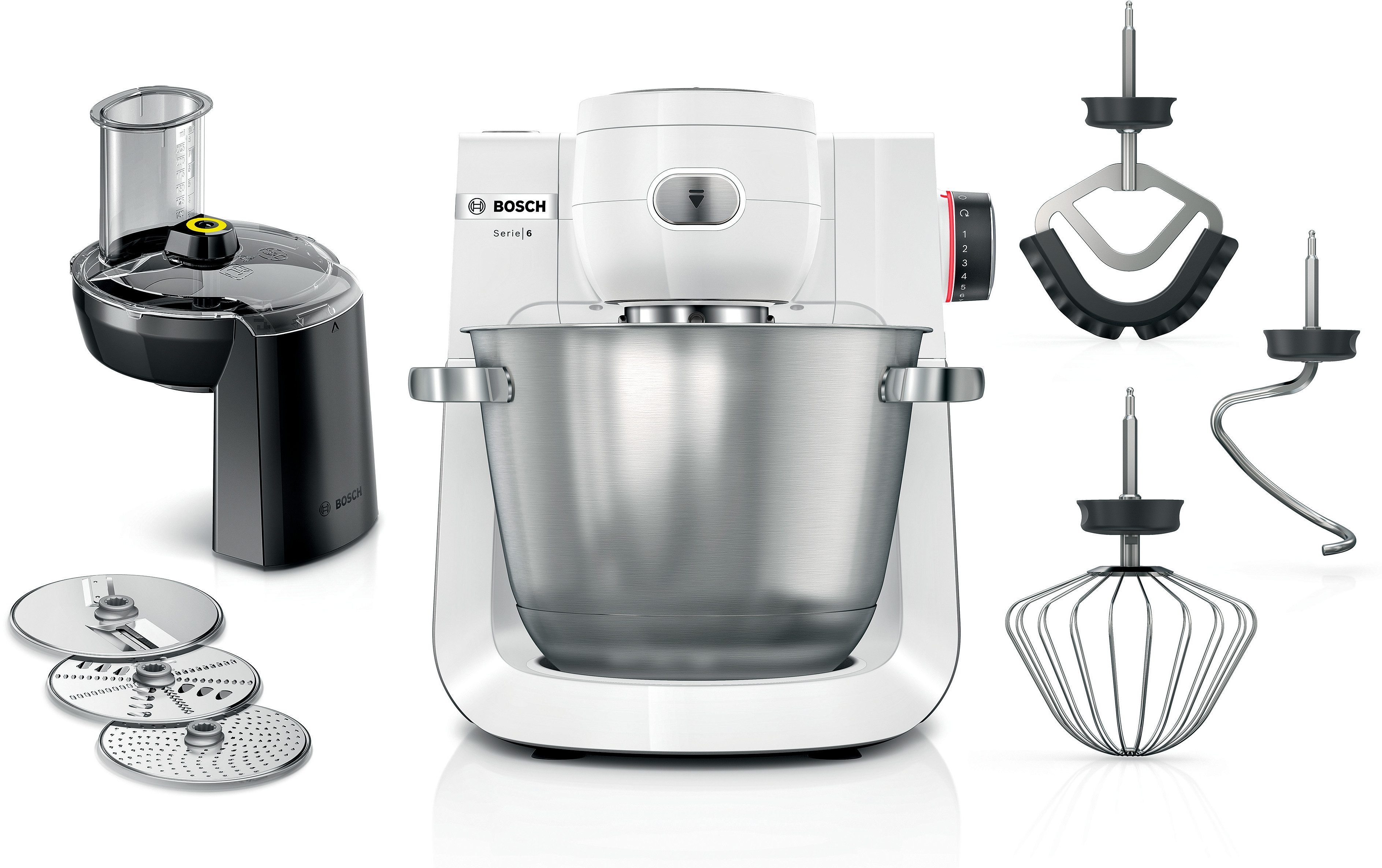 BOSCH Küchenmaschine Serie 6 MUMS6EW13D, Durchlaufschnitzler, Edelstahlschüssel, weiß, 1600 W, 5,5 l Schüssel, 7 Stufen, 3 Scheiben, Knethaken/Rühr-/Silikonbesen, spülm.fest