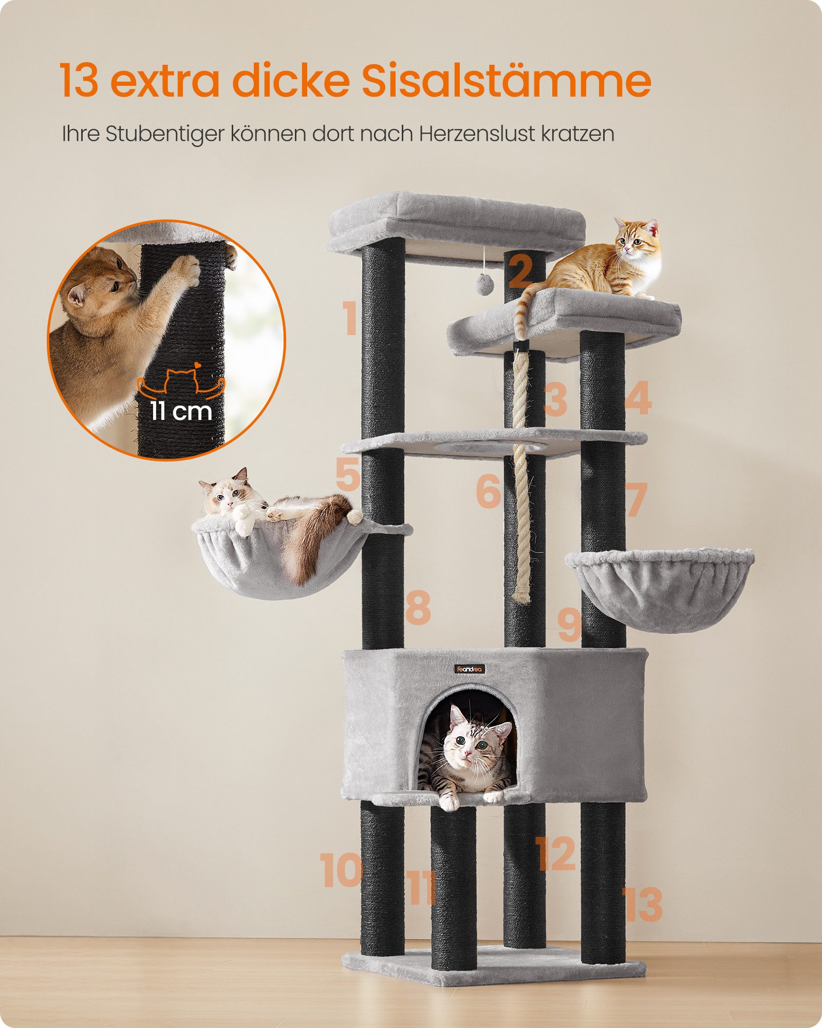FEANDREA Kratzbaum 141 / 186 cm (H), Katzenbaum, für große katzen, 13 dicken Säulen (11 cm d), stabil, Kippschutz