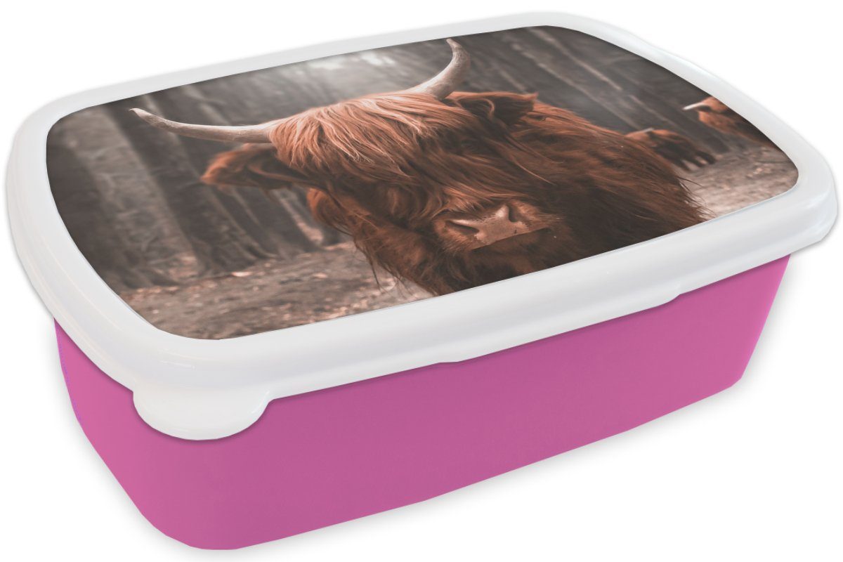 - - (2-tlg), MuchoWow Wald Kinder, Erwachsene, Natur, - Lunchbox Kuh für Brotbox Kunststoff, rosa Kunststoff Brotdose - Tiere Hochländer Schottischer Snackbox, Mädchen,