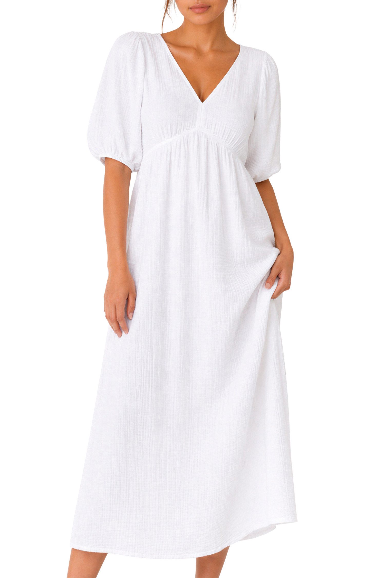 Reichstadt Sommerkleid Damen Relaxed Fit Dress Musselin 25RSW077 Feminine Puffärmel und Rückenschleife