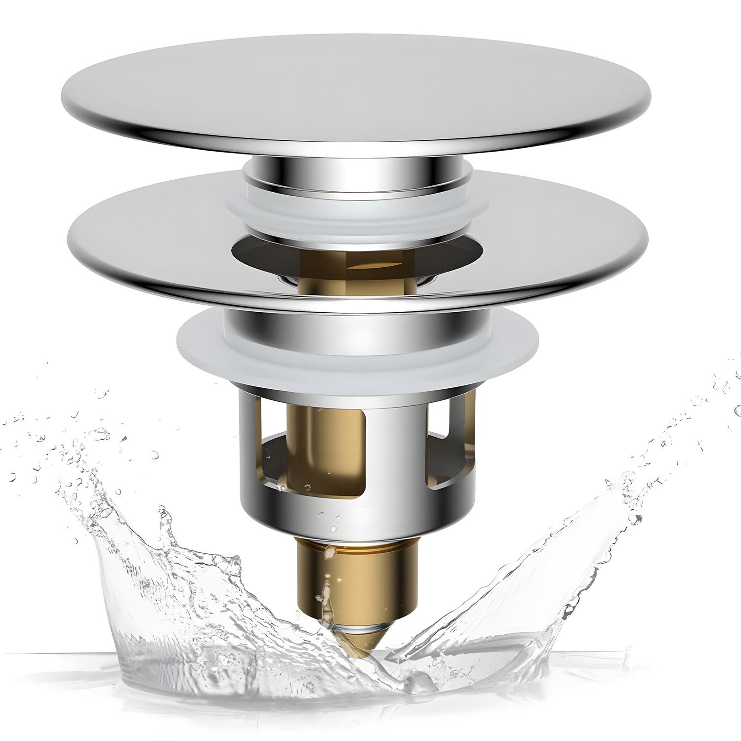 HEYHIPPO Waschbeckenstöpsel Pop-up Ablaufventil – Messing, mit Haarsieb, für Waschbecken, chrom, (Kappendurchmesser 62mm Gesamthöhe 70,4mm, mit 4 Silikondichtungen S-XL), Ablaufstopfen, universal passend 28–40mm, mit Dichtringen,geruchsdicht