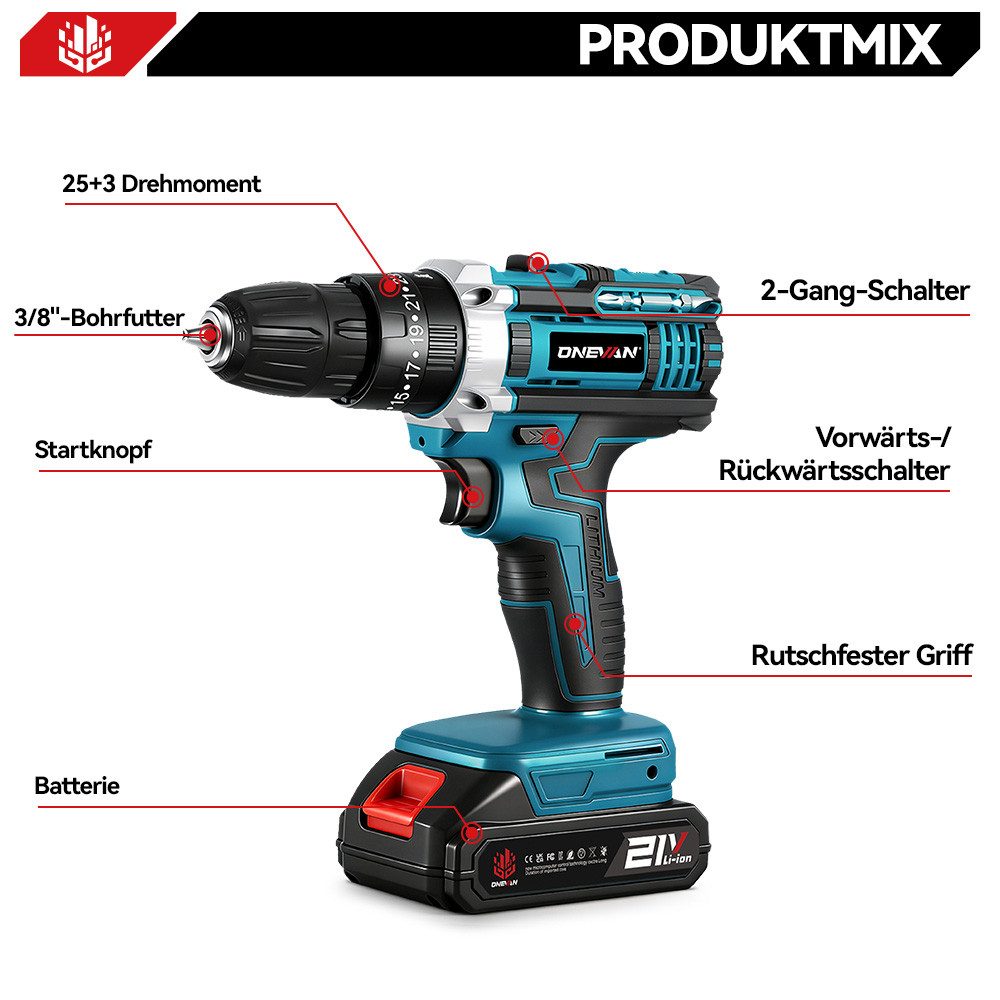 ONEVAN Akku-Bohrschrauber Akkuschrauber 21V Bohrschrauber Set, 25+1 Drehmomentstufen Akkubohrer, max. 1550 U/min, mit 2x Akkus 10mm Bohrfutter 24 Zubehör Traget – Bild 5 von 5
