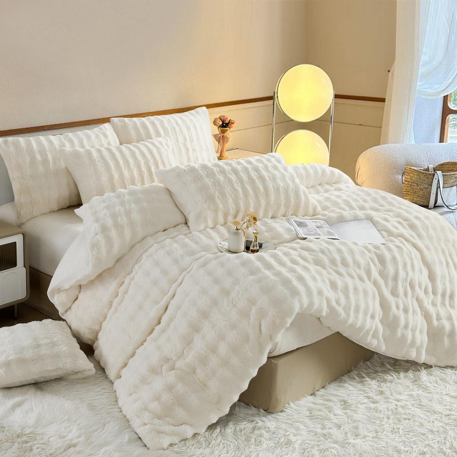 LuxusKollektion Bettwäsche Bettwäsche 135x200 4tlg Winter Warm Plüsch Creme