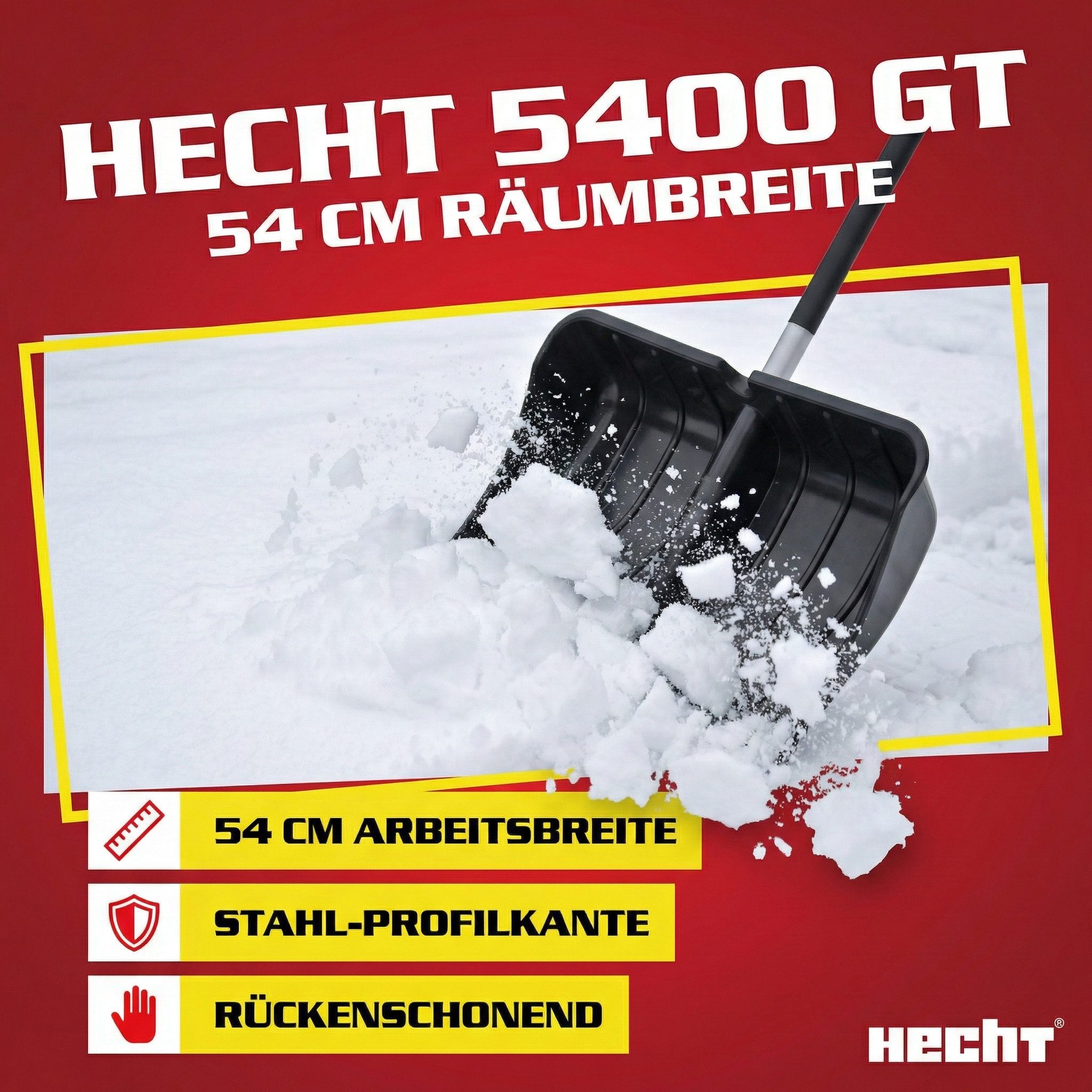 Hecht Schneeschieber Schneeschaufel Schneeschippe 5400 GT, 54,00 cm Arbeitsbreite, mit 106,00 cm langem Stiel, Stahlprofilkante - Kunststoff - Hohe Ränder