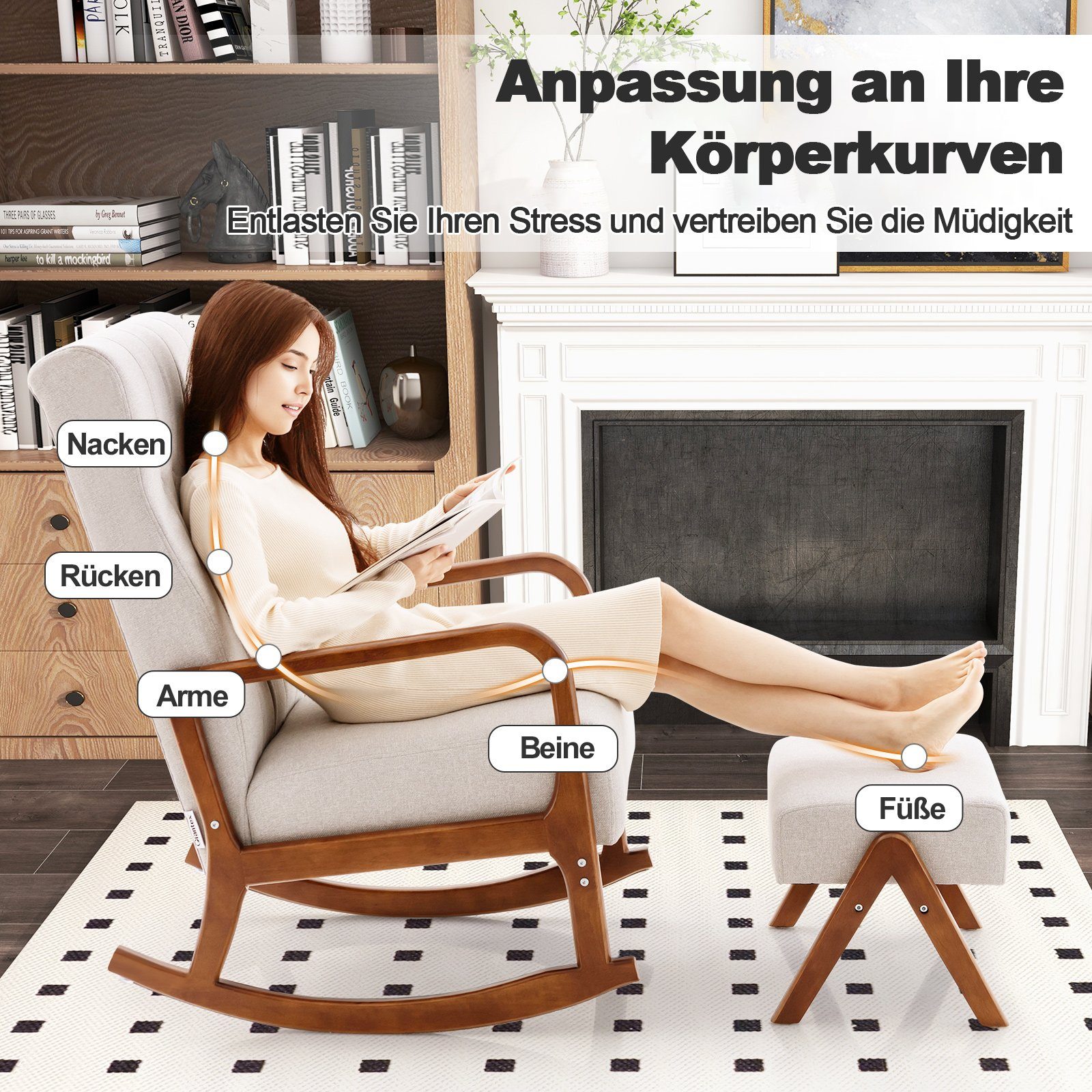 COSTWAY Schaukelstuhl, mit Hocker, gepolsterter Sessel, Massivholz, 150kg günstig online kaufen