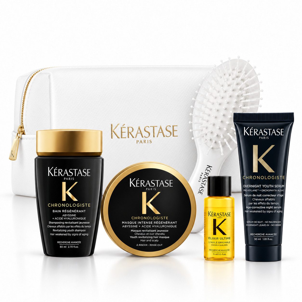 Kérastase Haarpflege-Set Chronologiste Luxus Travel-Set mit Beauty Bag & Mini-Haarbürste, 6-tlg.
