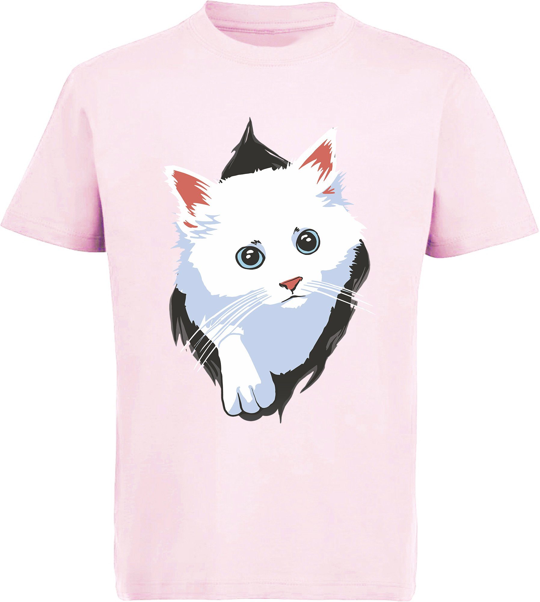 - Print-Shirt Katze aus T-Shirt Baumwollshirt weiße bedrucktes Katzen mit schwarz, rot, i113 dem Aufdruck, Mädchen Shirt rosa, MyDesign24 weiß,