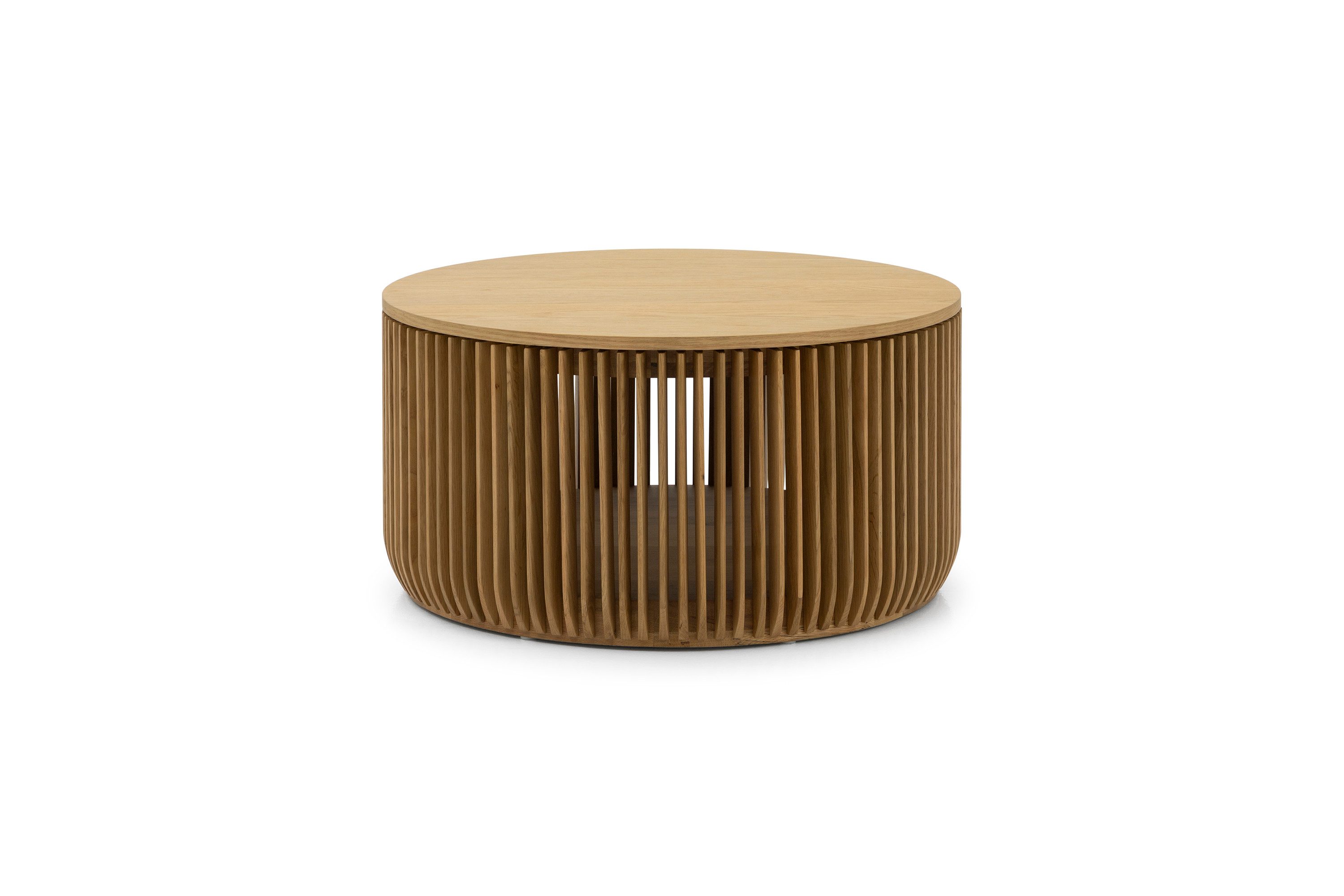 Woodek Design Couchtisch FRANZ aus massiver Eiche und Eichenfurnier, natur, Handgefertigt (Lamellen-Gestell aus Massivholz, 1-St., Abnehmbare Tischplatte mit geräumigem Staufach), Ø 80 cm