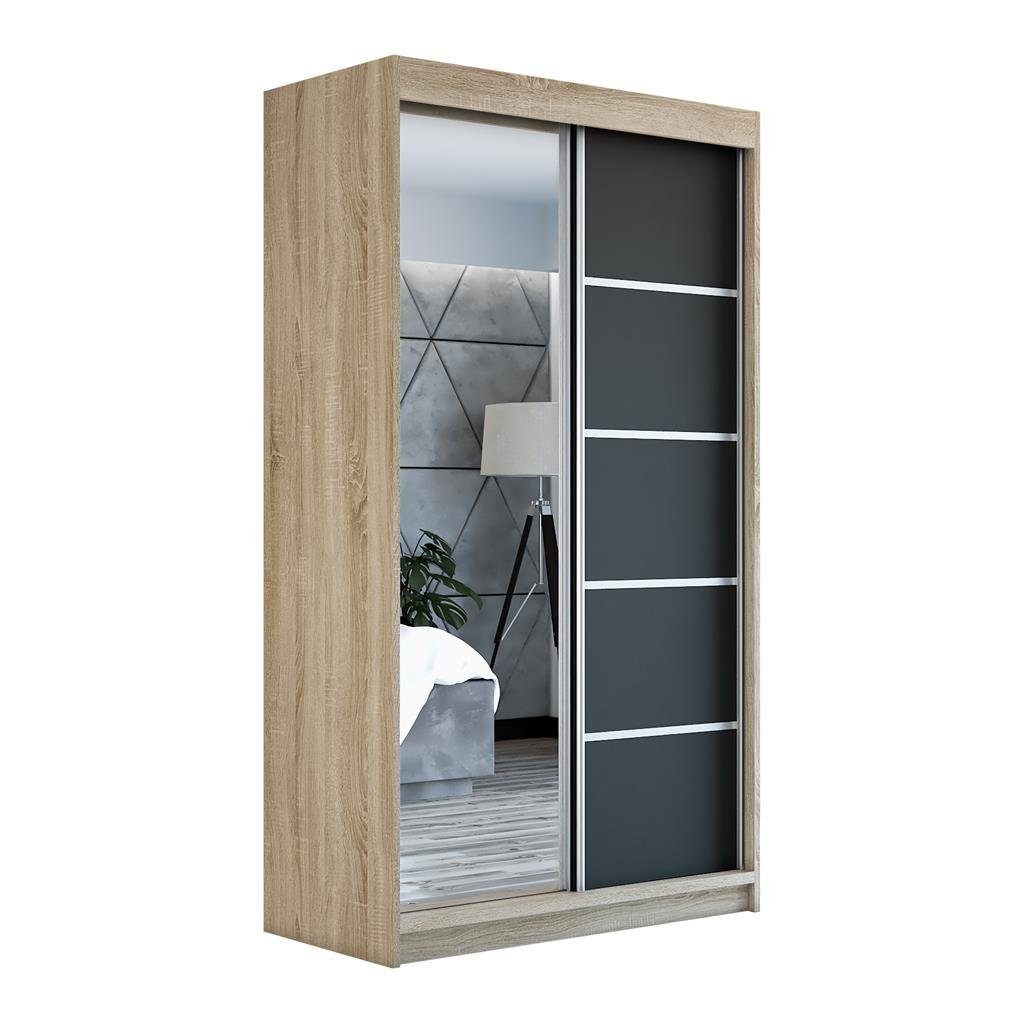 A&J MöbelLand GmbH Schiebetürenschrank GAPI mit Spiegel (TOP ANGEBOT! Geräumiger Schrank mit viel Stauraum:6 Regalen und 1 Kleiderstange – -ideal zur Aufbewahrung von Kleidung und Accessoires. TOP PRODUKT! Farbe und Größe (120 cm, 160 cm, 180 cm) zur Ausw