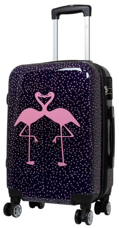 Trendyshop365 Hartschalen-Trolley Flamingo, bunter Koffer mit Motiv, 3 Größen, 4 Rollen, Zahlenschloss, Polycarbonat, Dehnfalte