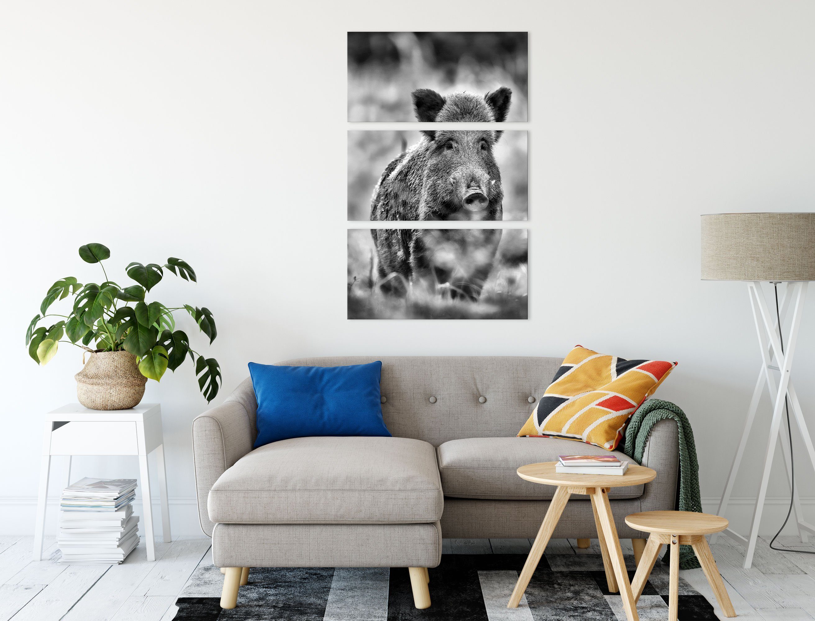 Wiese, Wildschwein Zackenaufhänger (1 fertig 3Teiler Wiese bespannt, Leinwandbild inkl. (120x80cm) Pixxprint auf Leinwandbild auf St), Wildschwein
