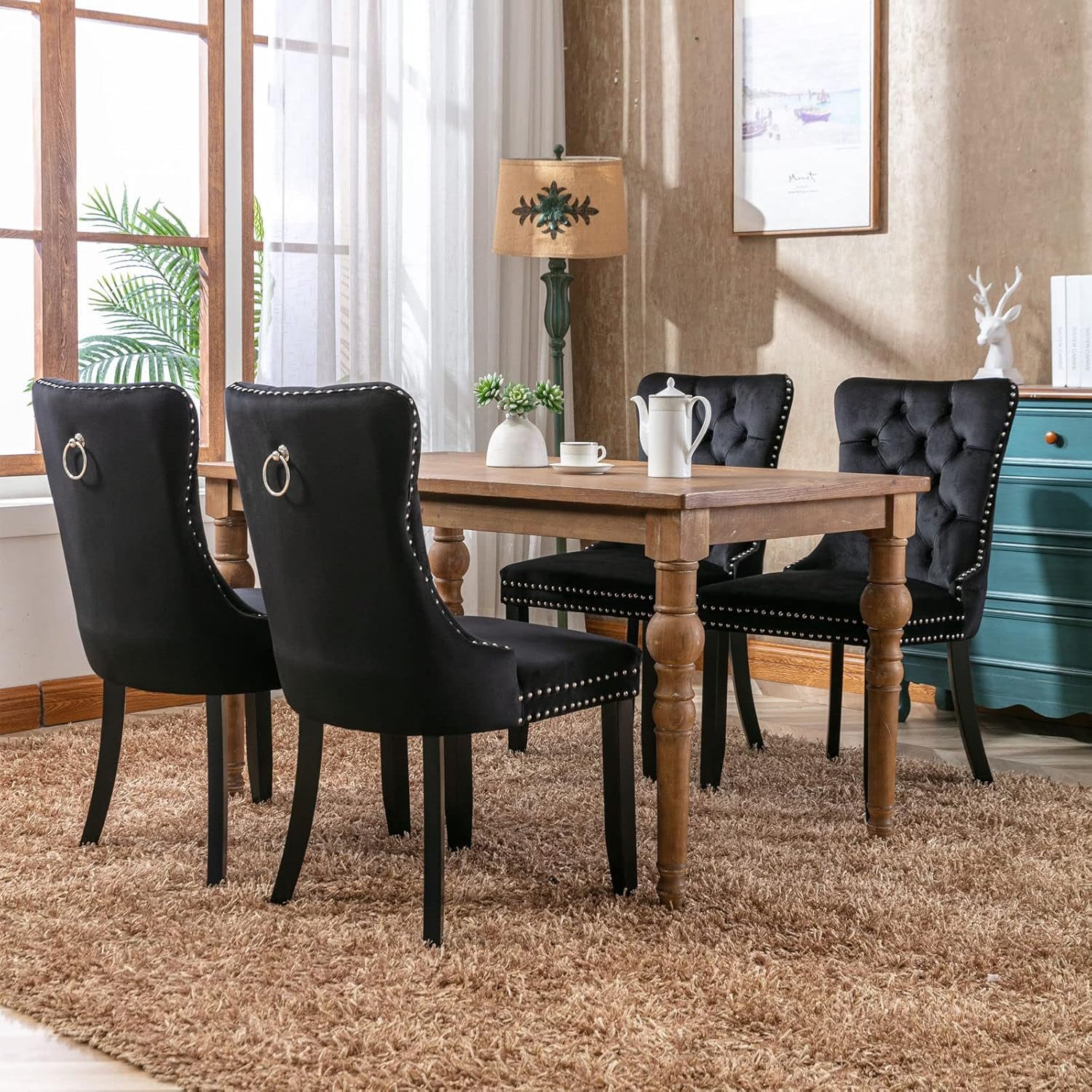 ANYSUN Esszimmerstuhl Esszimmerstühle,2/4/6 er-Set Samt Chesterfield,bis 130 kg,French Style (Polsterstühle mit Knopfheftung & Ziernieten, Massivholz Rubberwood, 4 St), für Esszimmer,Wohnzimmer oder als Akzentstuhl in anderen Bereichen