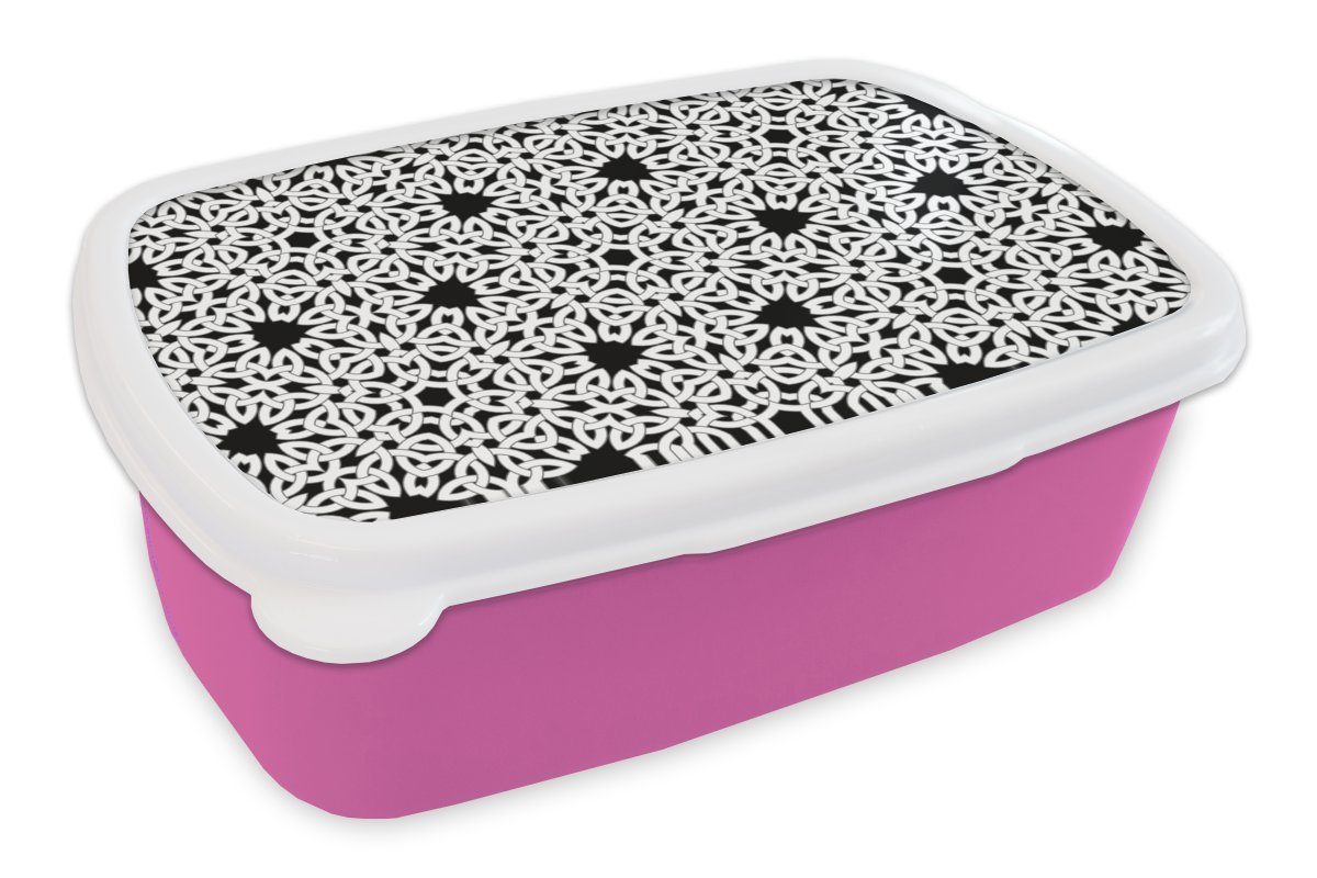 MuchoWow Lunchbox Keltisch - Schwarz - Weiß - Vintage - Muster, Kunststoff, (2-tlg), Brotbox für Erwachsene, Brotdose Kinder, Snackbox, Mädchen, Kunststoff rosa