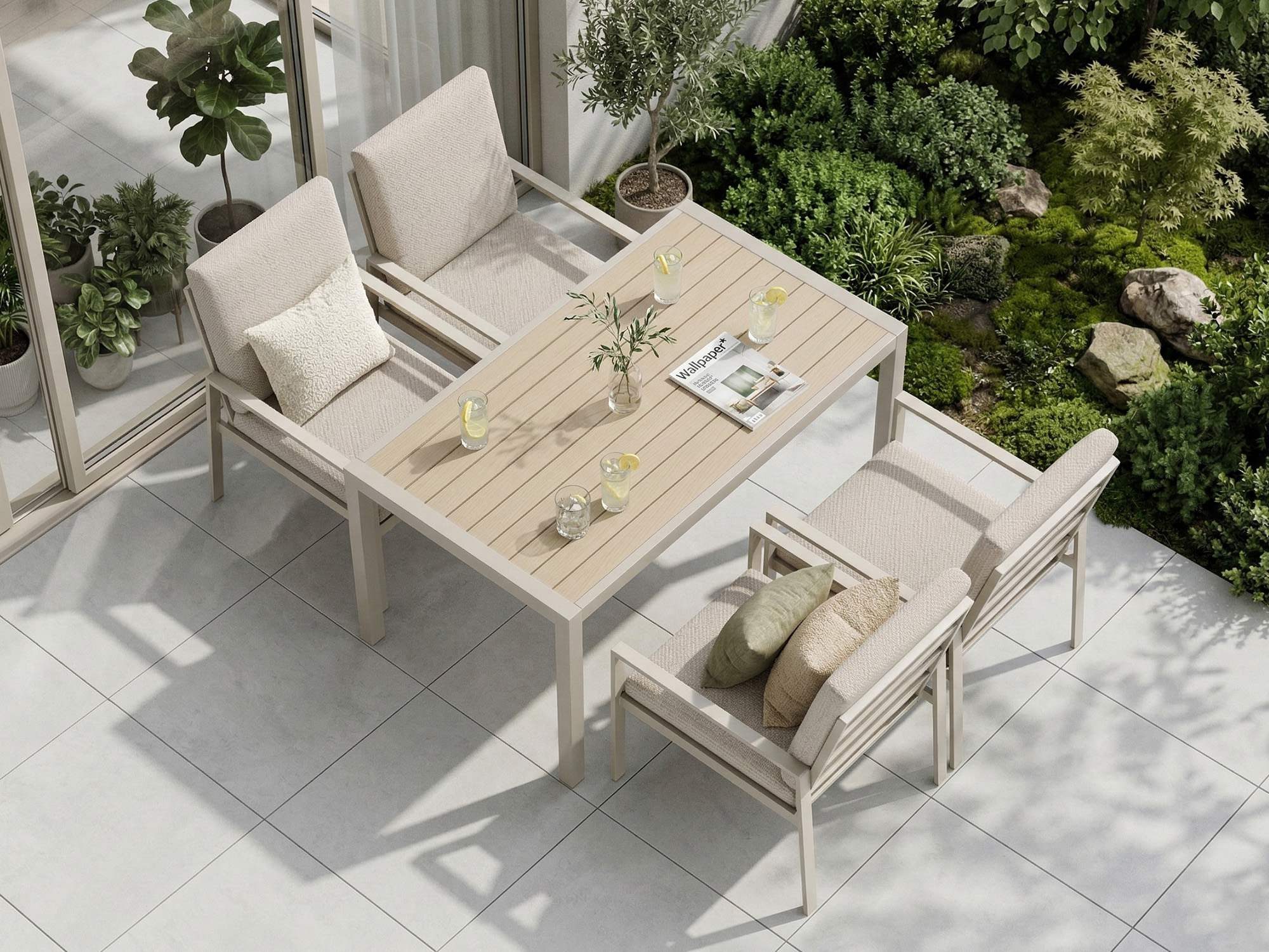 MeXo Gartenlounge-Set Lounge Gartenmöbelset Aluminium Wetterfest, (Garten Essgruppe für 4 Personen, 5-tlg., 4 Sessel, Esstisch 140x80x70 cm), 85 cm Rückenlehne, hoher Sitzkomfort