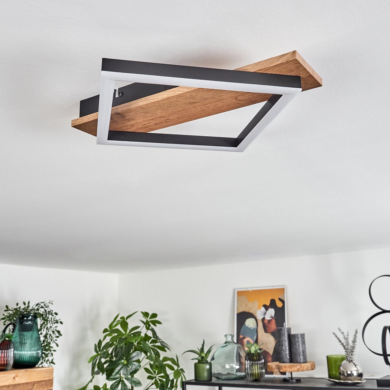 hofstein Deckenleuchte Deckenlampe aus Metall/MDF/Kunststoff in Schwarz/Holzoptik/Weiß, LED fest integriert, 3000 Kelvin, 1-flammig, 12 Watt, 1350 Lumen, 3000 K – Bild 3 von 5