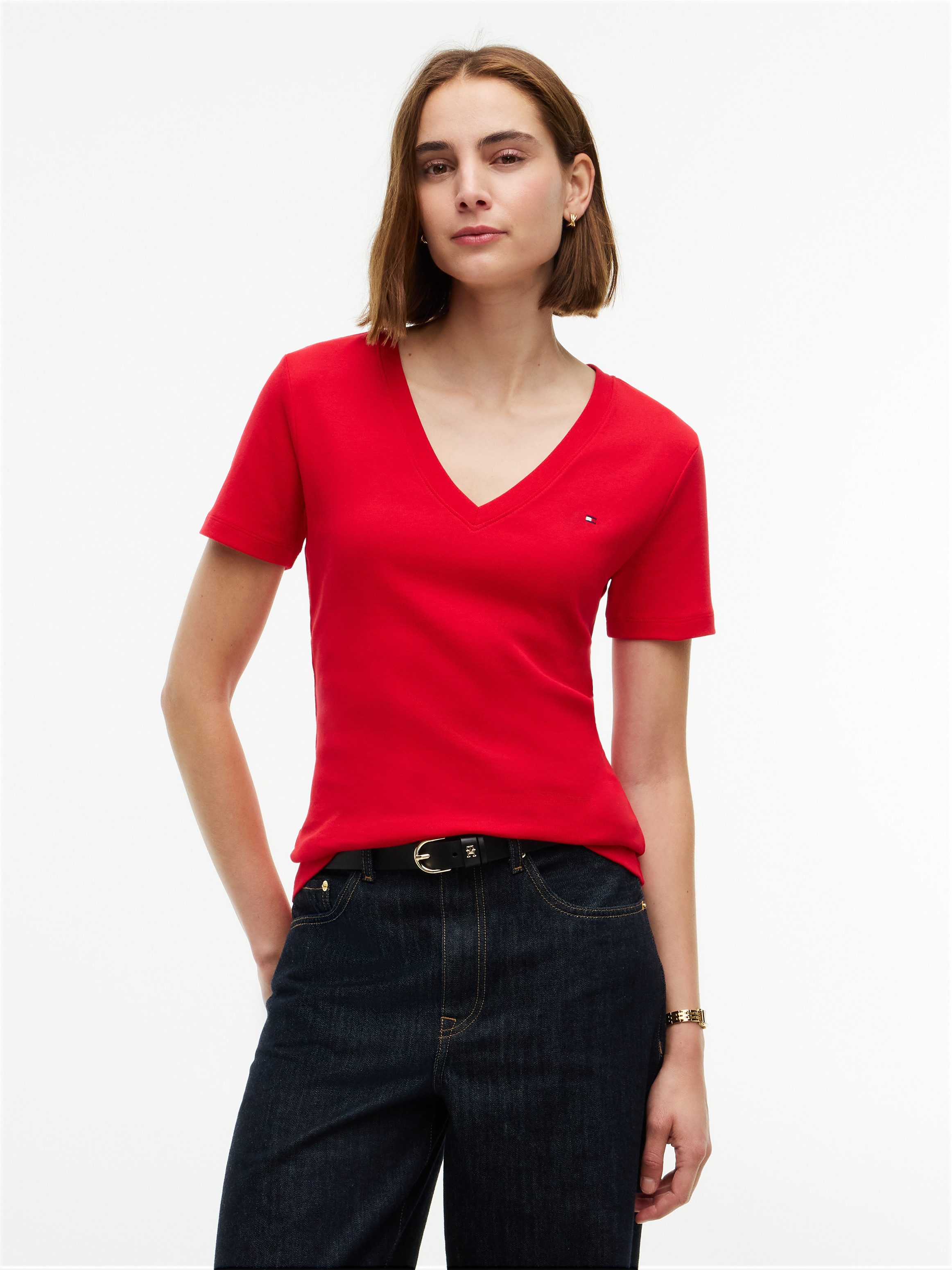Tommy Hilfiger T-Shirt SLIM CODY V-NECK SHORT SLEEVE aus Baumwolle, Logostickerei, gestreift